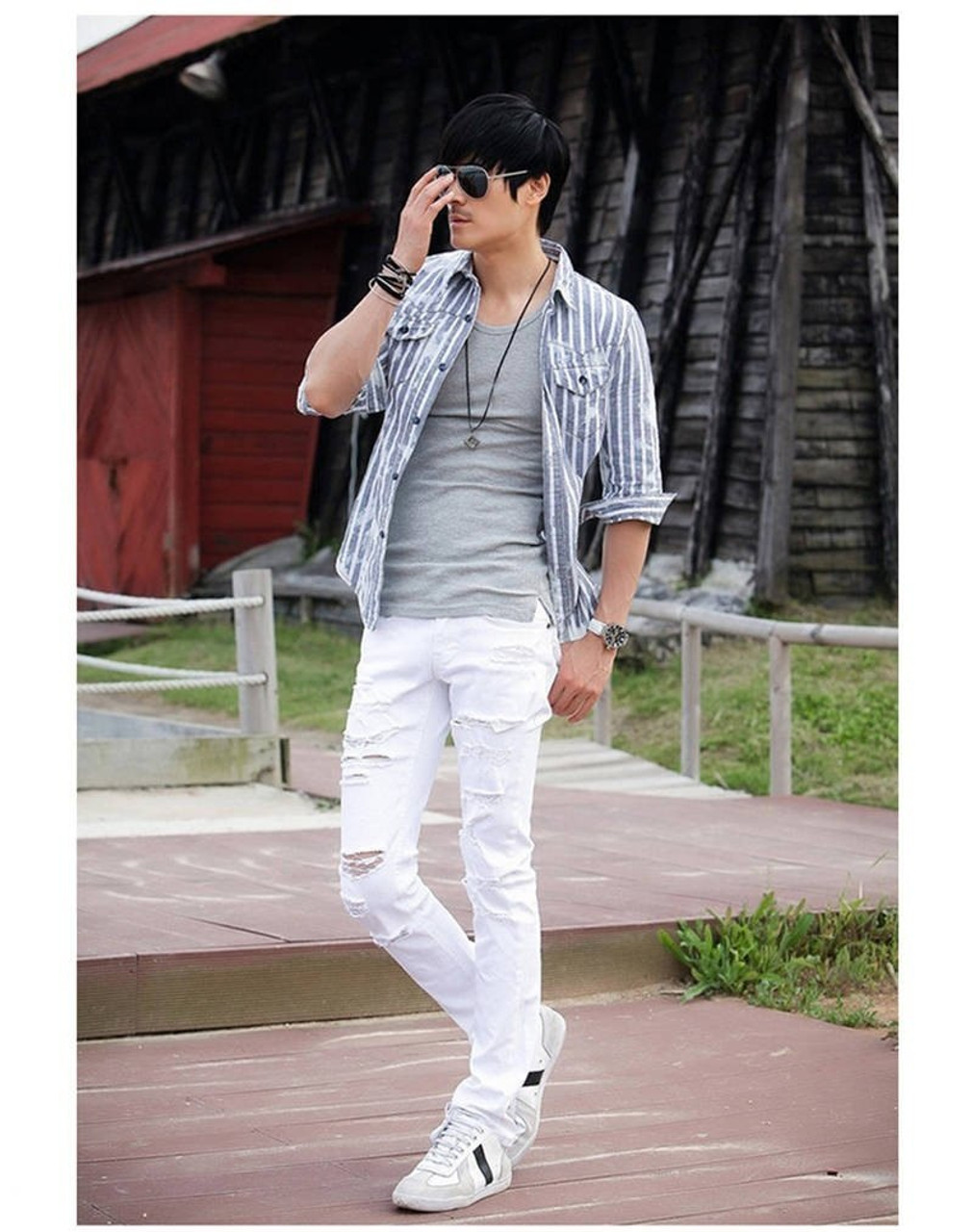 men's white super skinny ripped jeans