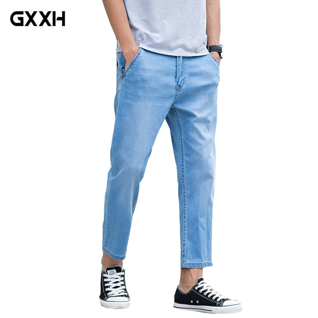 Men Jeans Summer Casual Stretch Slim Fit Ankle-Length Pants Fashion Korean  Style Thin Cotton Grey Denim Trousers - AliExpress