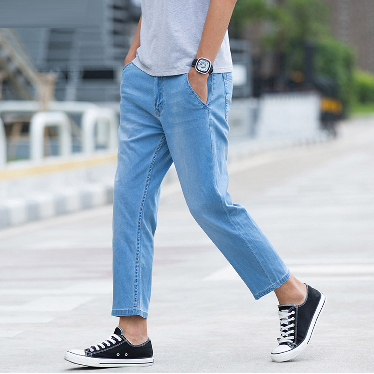 Summer New Nne jeans Men 9 Points pants Men Loose Elastic Antitheft Pocket  Casual pants Highend brand Mens jeans Size 2748  OnshopDealsCom