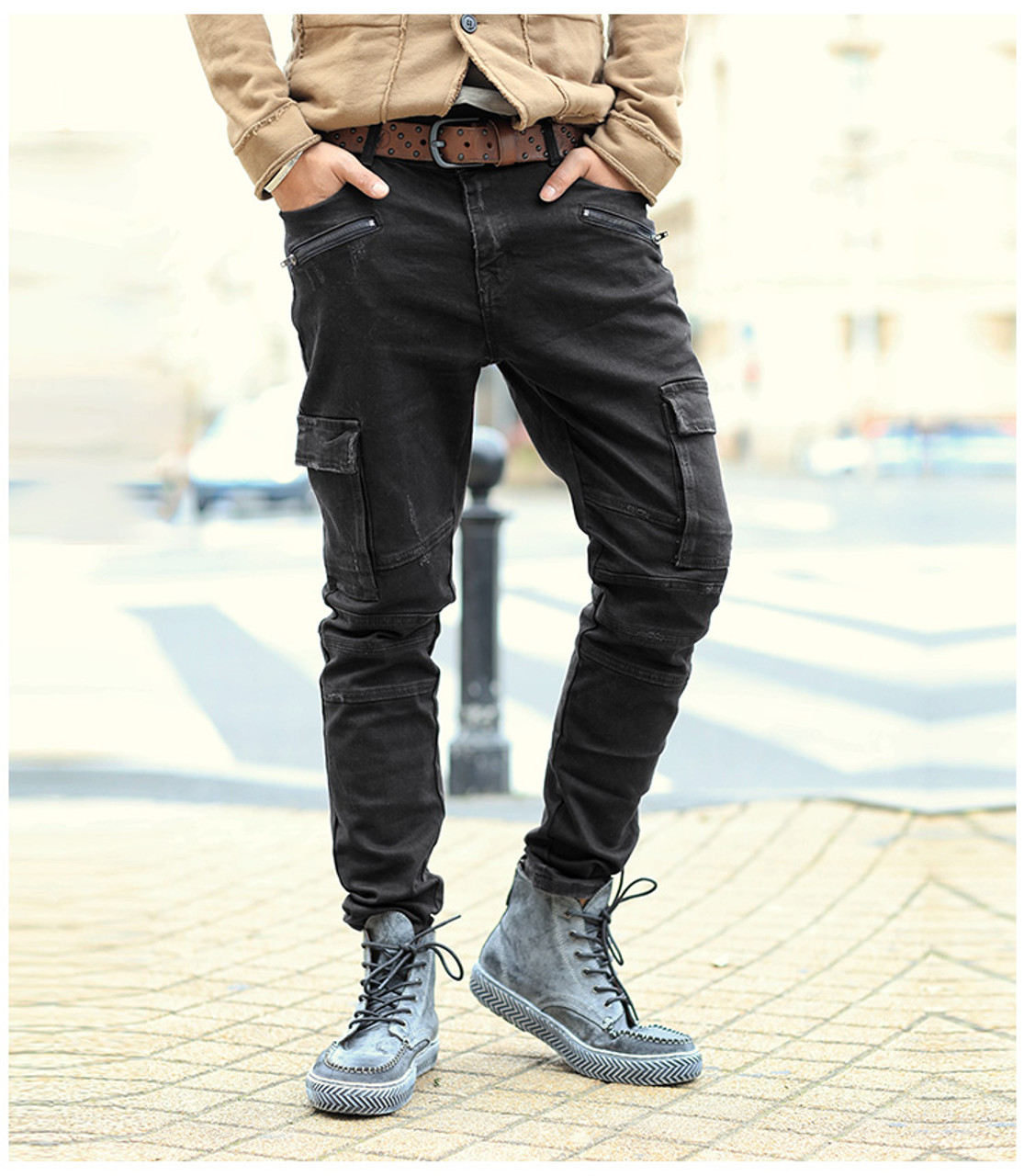 Men Autumn solid zipper casual washed jeans men jeans black high quality  fashion multipockets trousers men brand design K761  OnshopDealsCom