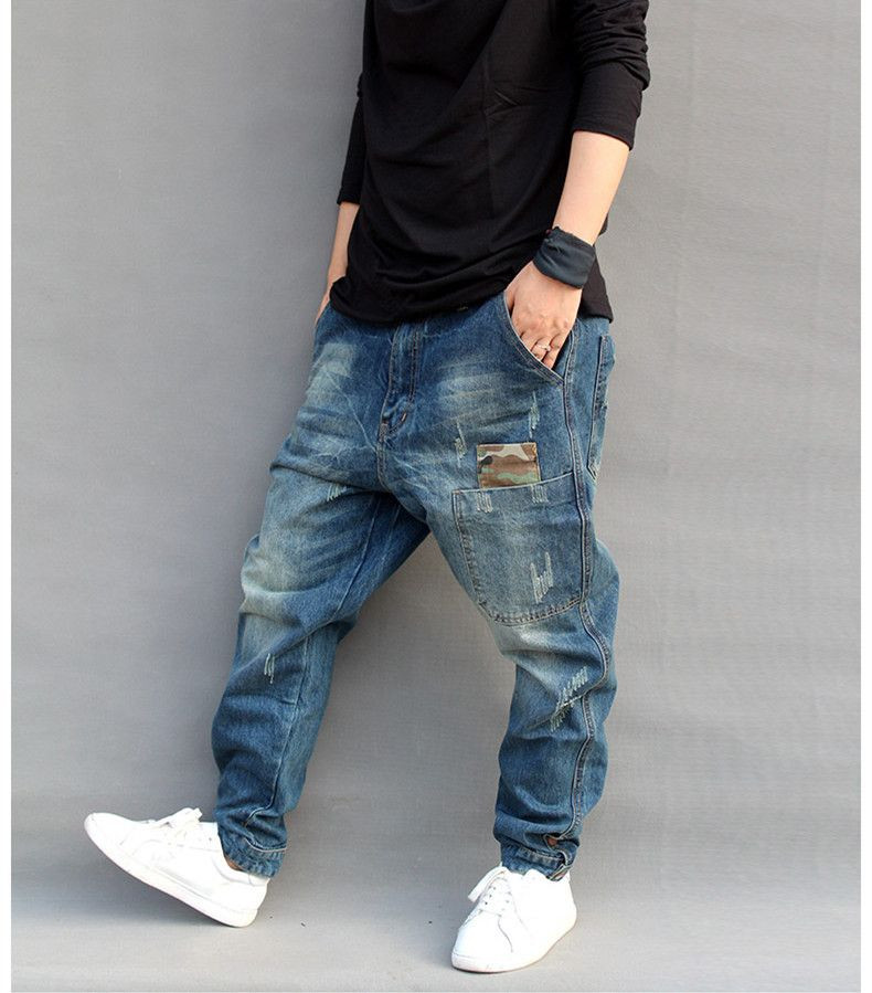 Blue Hole Ripped Baggy Jeans Mens Hip 