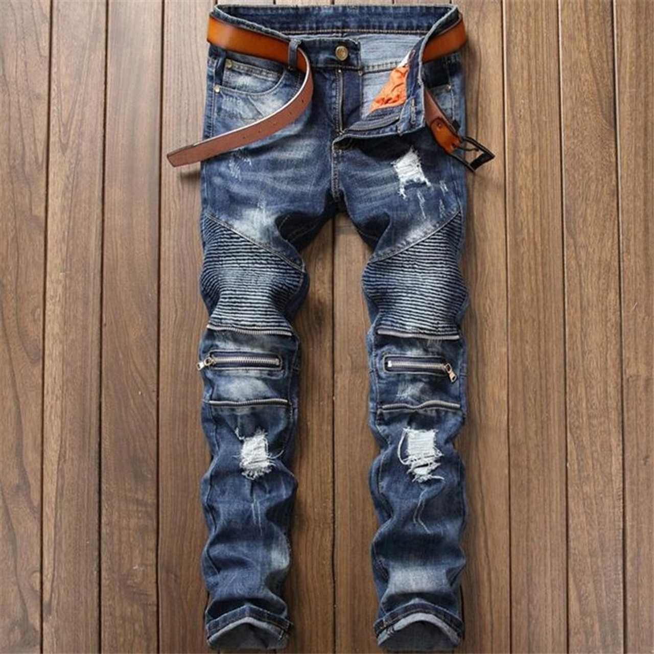 Fashion Blue mens jeans ripped pants Punk Rock style elasticity casual  Holes trousers cool stretch man denim pants  OnshopDealsCom