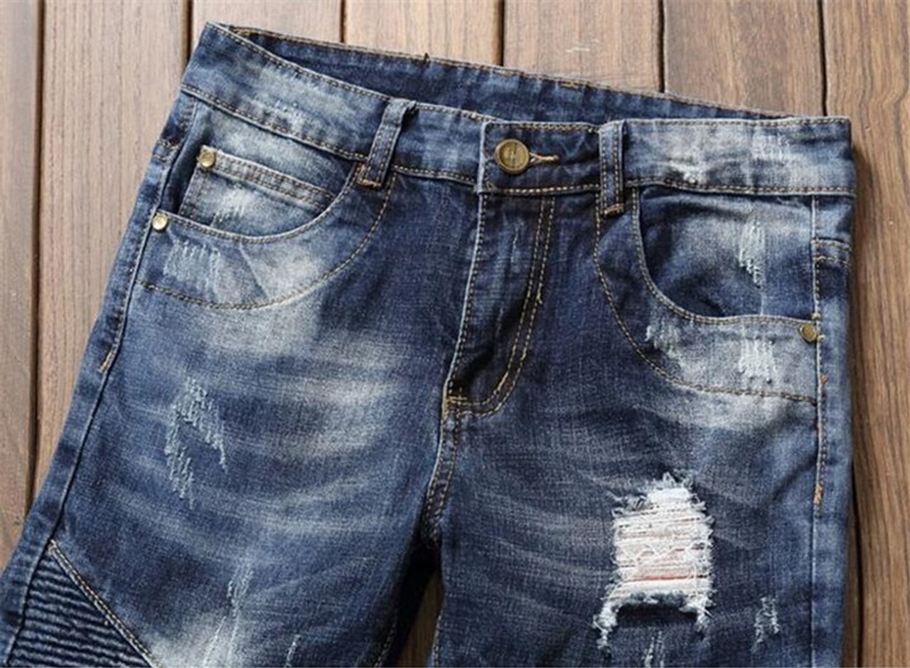 Mens Denim Ripped Pants Splicing Casual Jeans Streetwear Bottoms Summer  Fashion | eBay