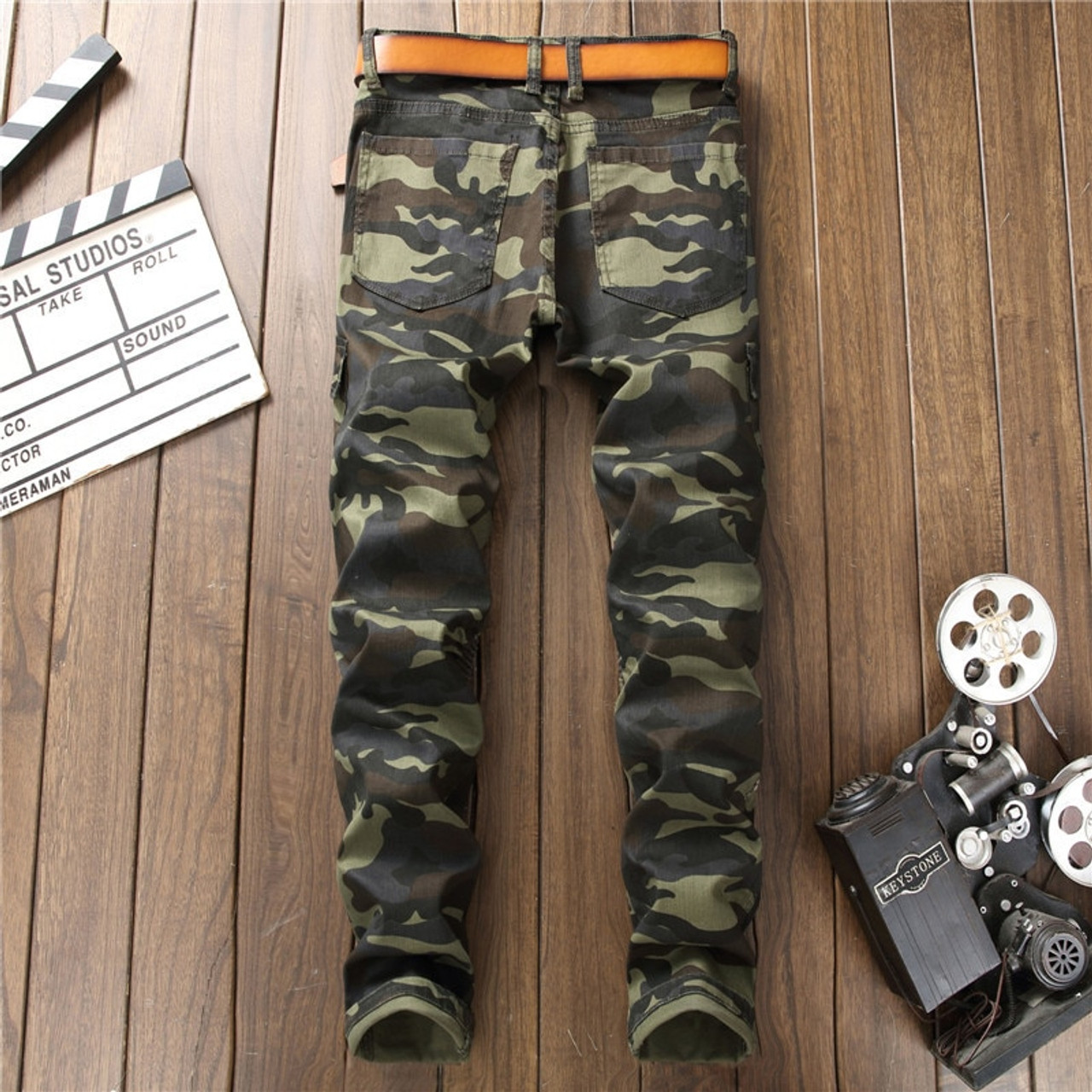 Merc Camouflage Pleated Biker Slim Fit Denim Jeans