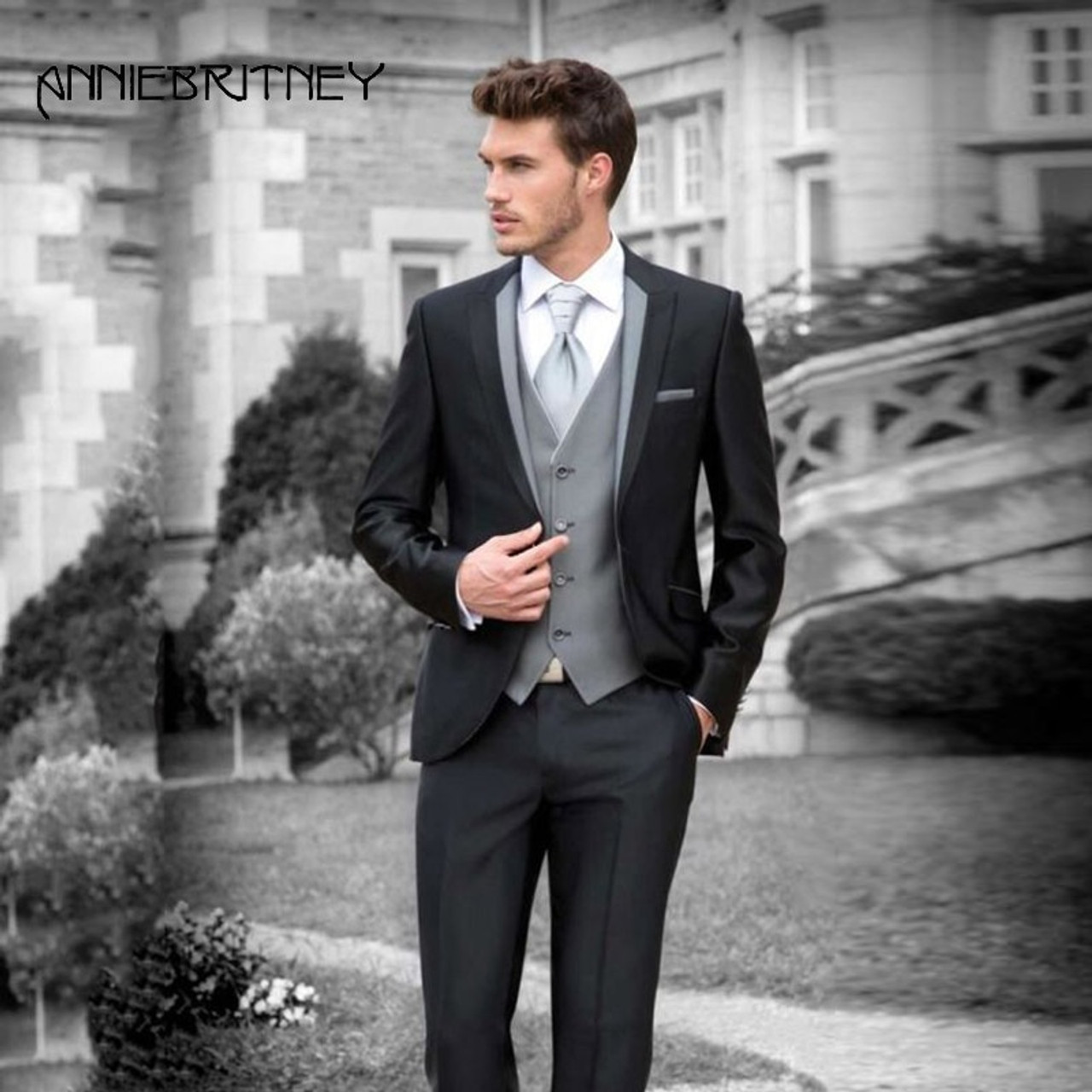 Wedding Groom Gray Classic Suits for Man Slim Fit 3 Pieces Tuxedo Vest Formal