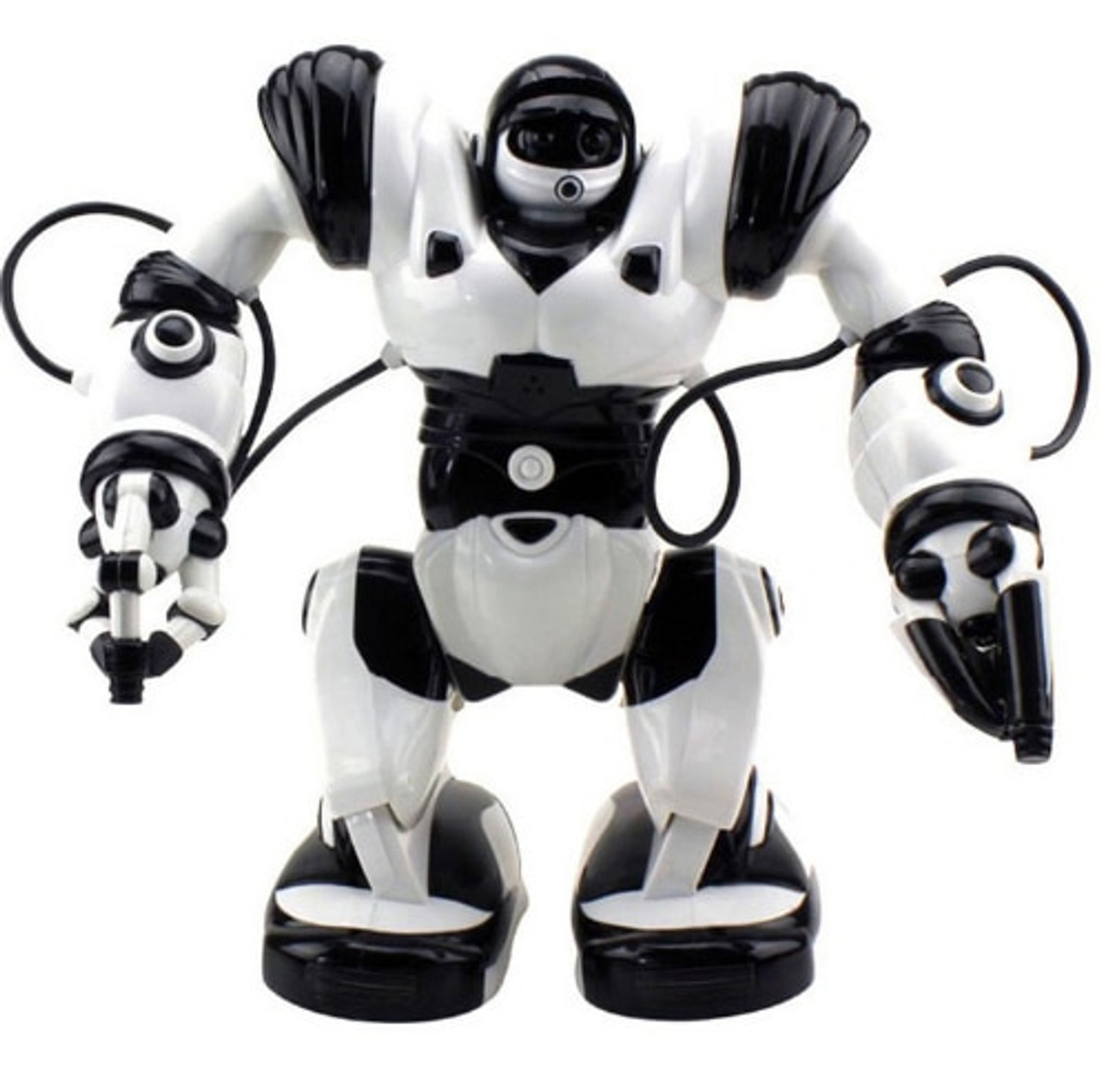 black and white robot with remote