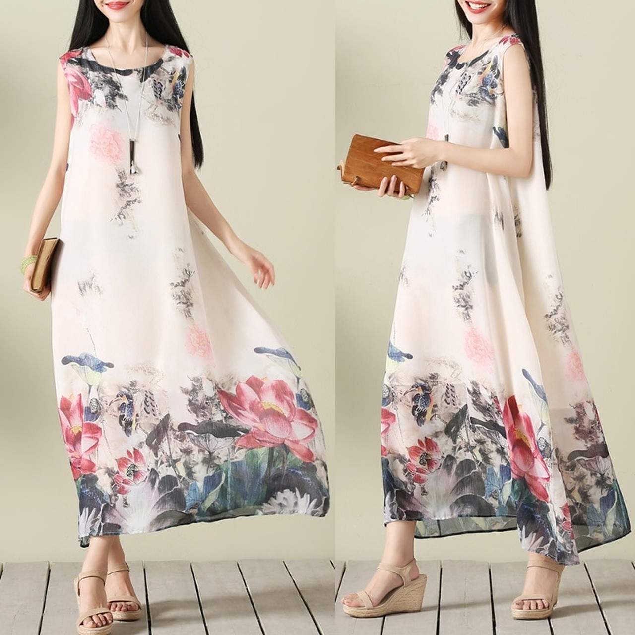 chiffon plus size vintage floral women 