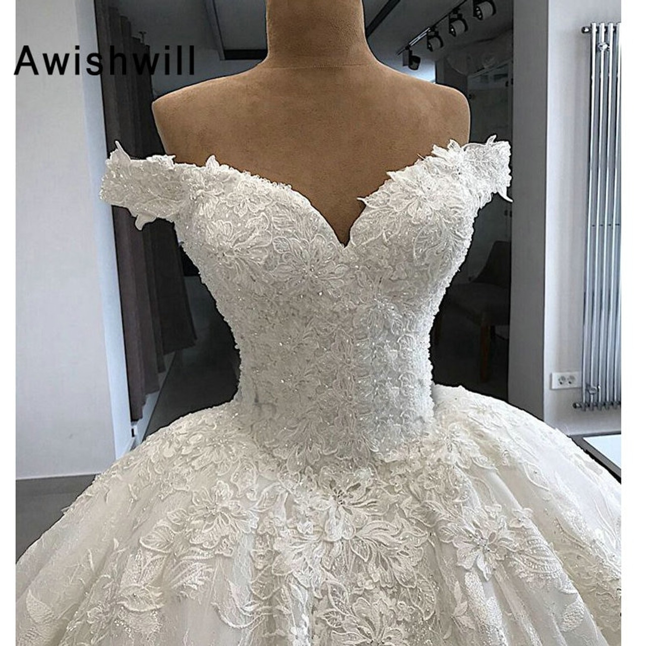 Gorgeous short or half puffy sleeves white sparkle lace ball gown wedding  dress with glitter tulle - various styles