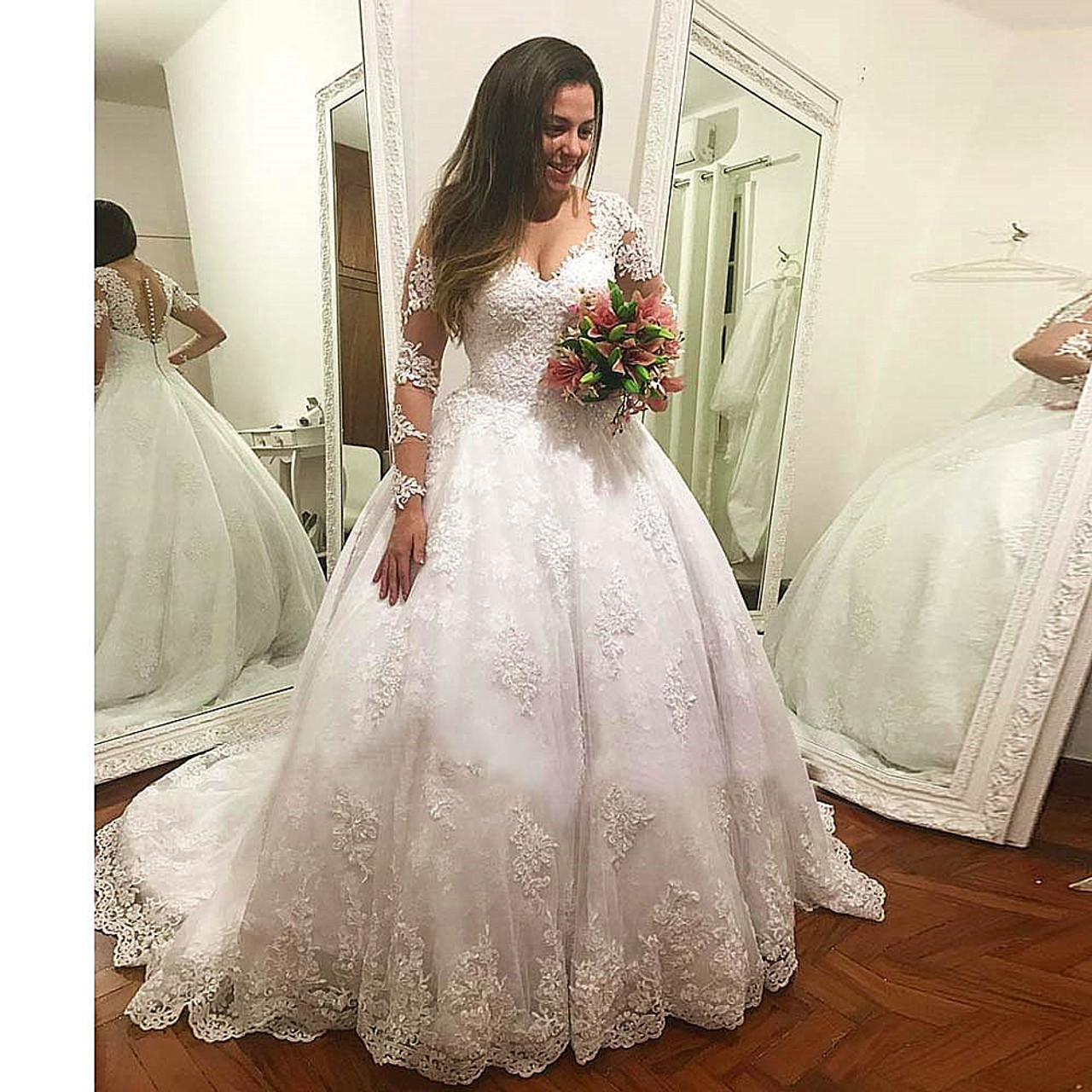 Light Champagne Tulle Lace Long Wedding Dress Lace Bridal Dress – shopluu