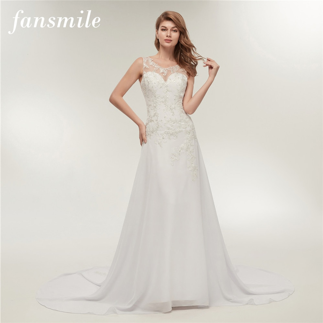 Fansmile Real Photo Embroidery Chiffon Beach Wedding Dress 2019