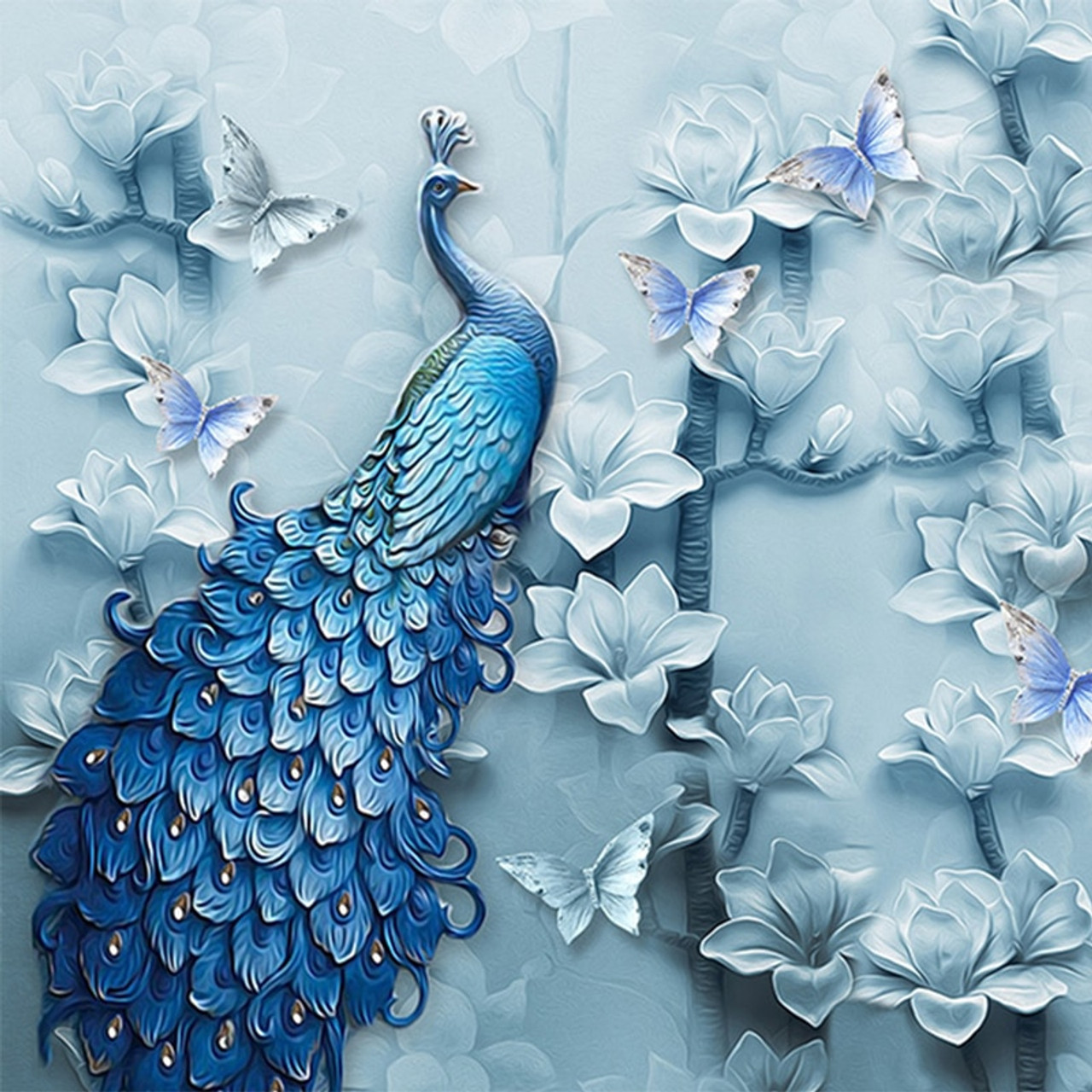 Chinese Style 3d Embossed Blue Peacock Oil Painting Mural