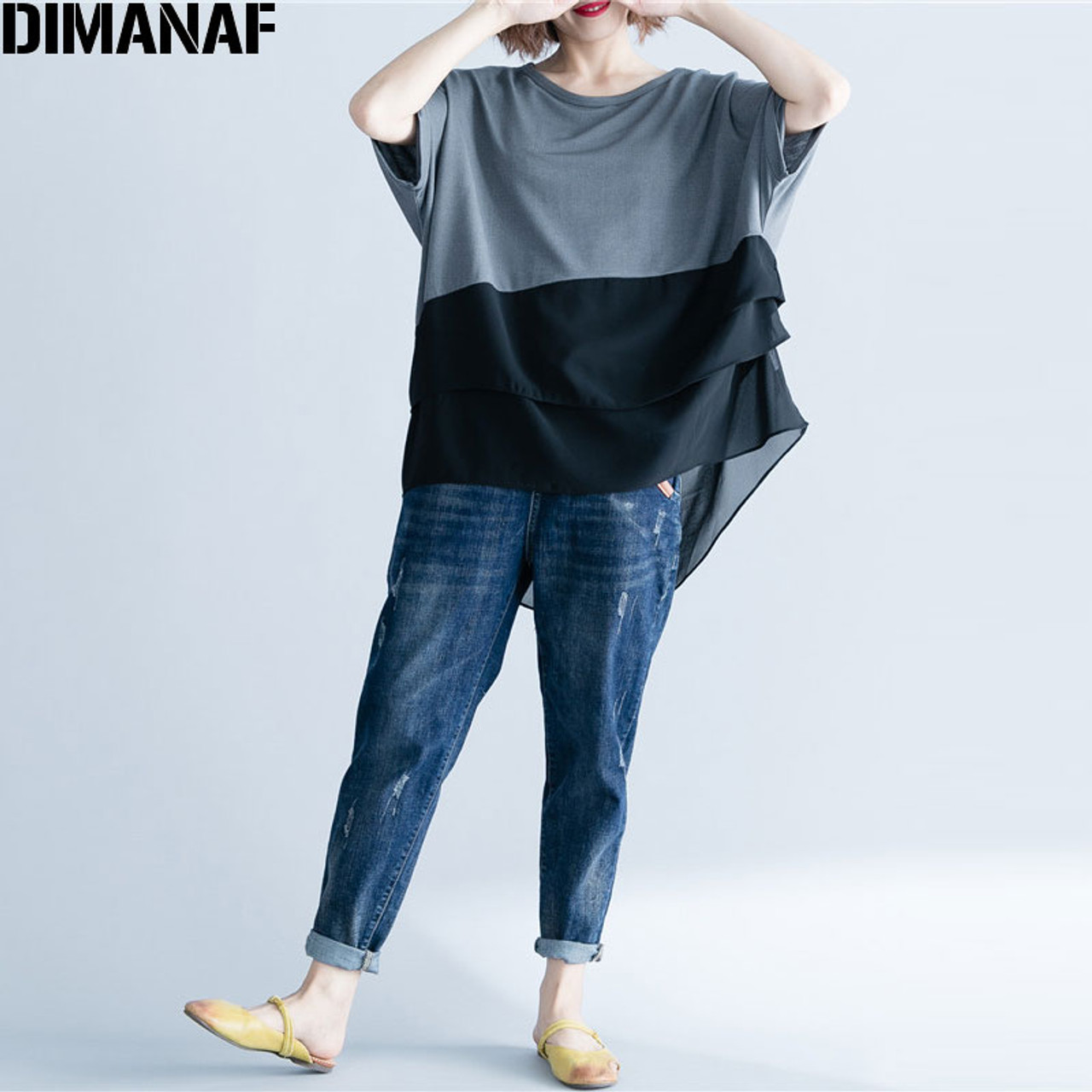 DIMANAF Women T-Shirt Summer Plus Size Chiffon Patchwork Elegant