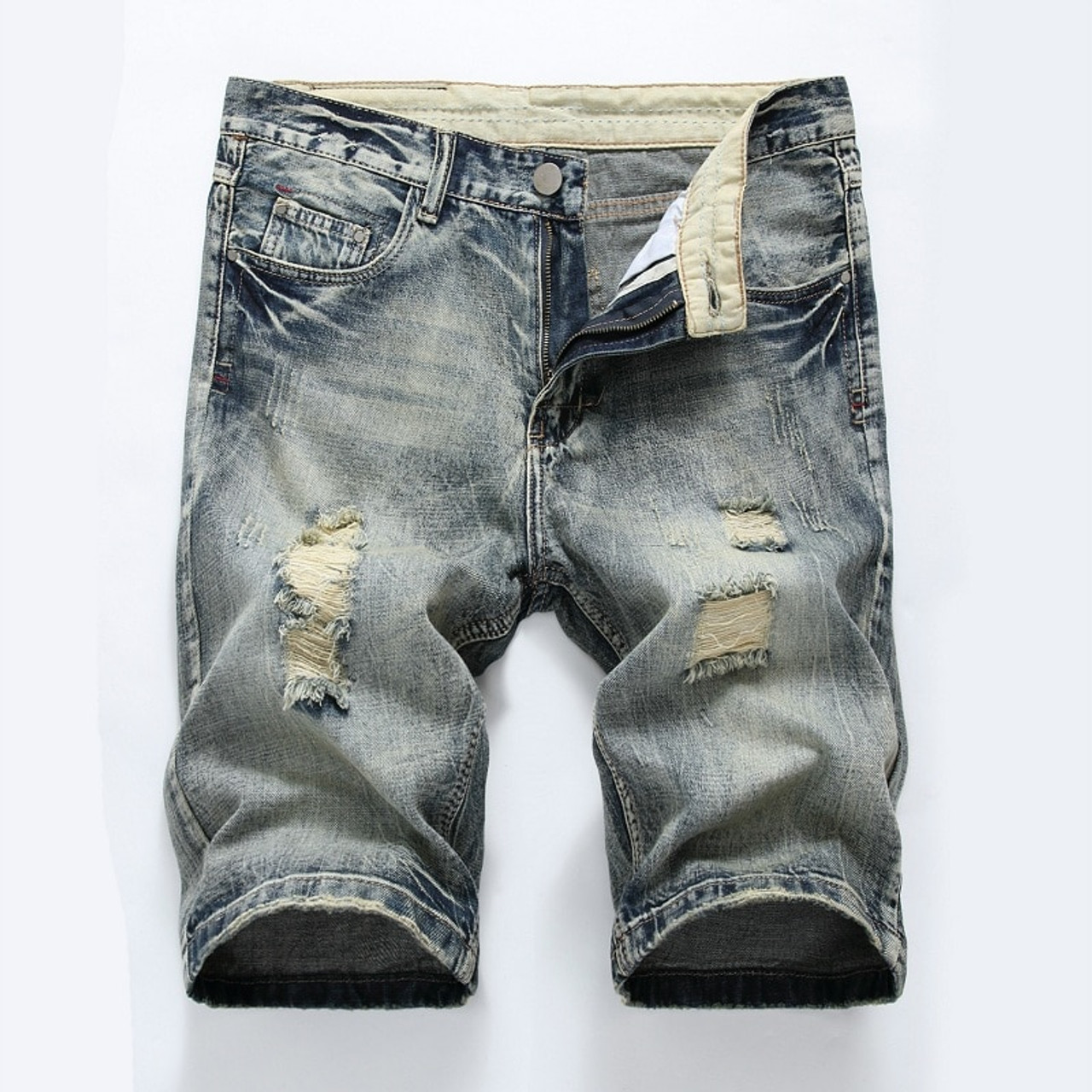 Men's denim short shorts with holes - dark blue V3 OM-SRDS-0114 | Ombre.com  - Men's clothing online