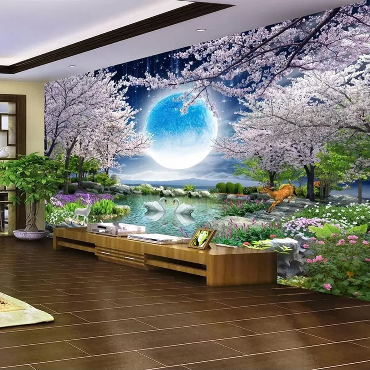 Custom Mural Wall Paper Moon Cherry Blossom Tree Nature Landscape