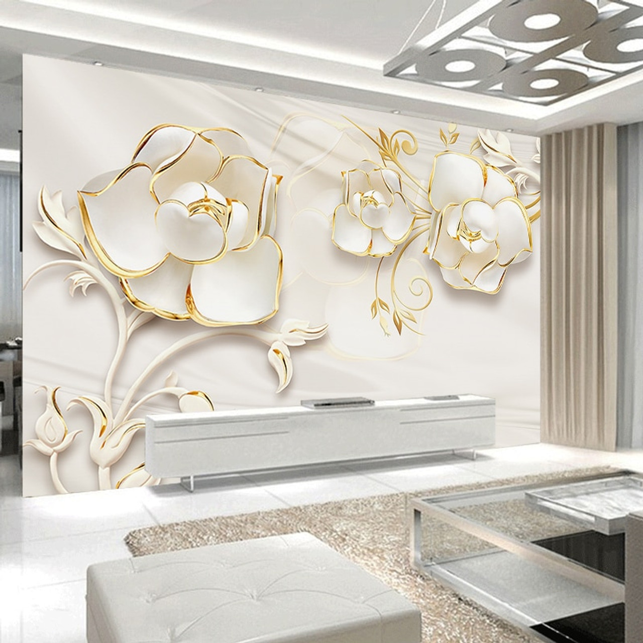 Jiashemeiju Custom Mural Wallpaper For Bedroom Wall 3d Luxury Gold Edge White Flower Tv Background Photo Wall Paper Home Decor