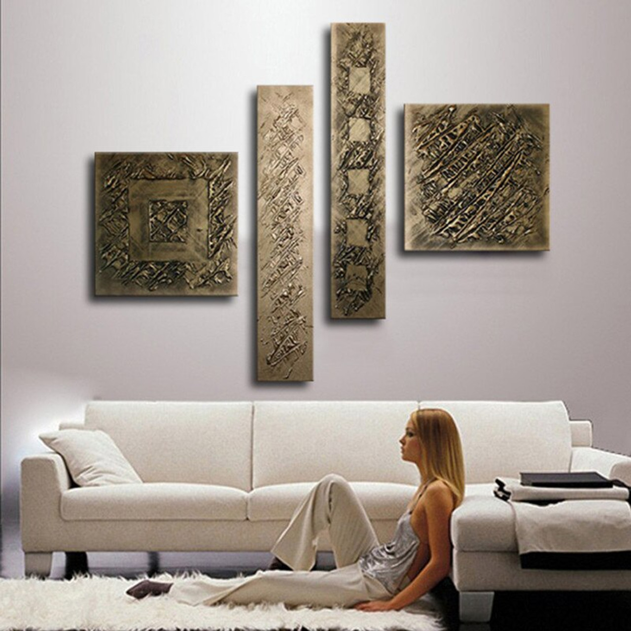 Hand Painted Bronze Oil Painting 4 Panel Pictures Wall Art Sets Modern Home Abstract Graffiti Canvas Paintings For Living Room OnshopDealsCom