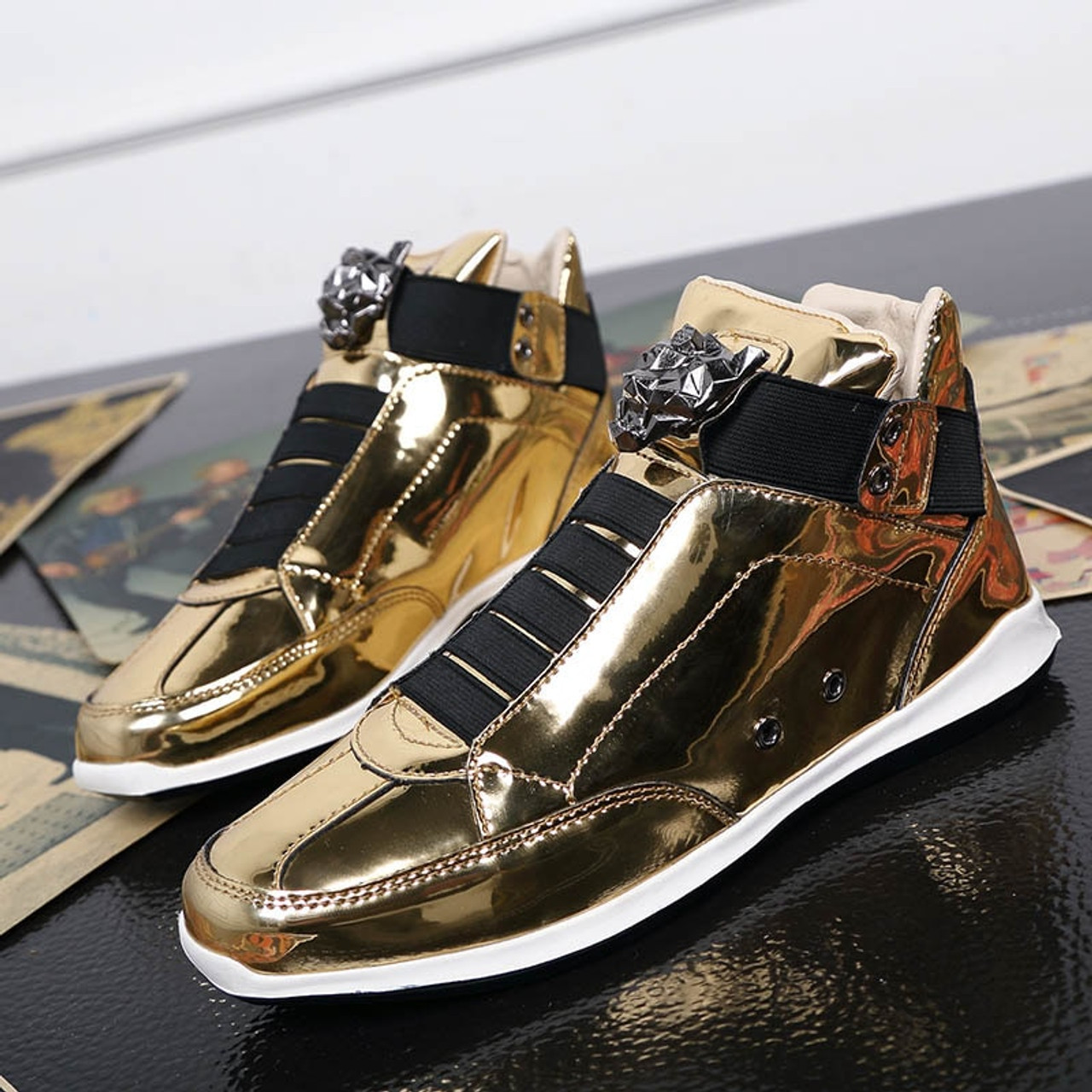 Bomkinta Leopard Head Decoration Casual Patent Leather Shoes Men