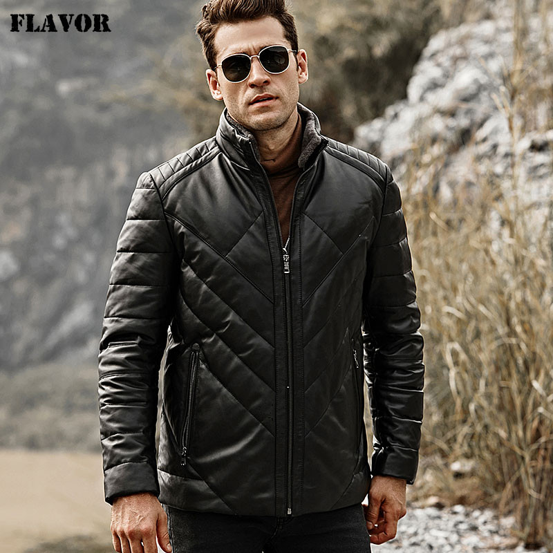 FLAVOR Men's Real Leather Down Jacket 