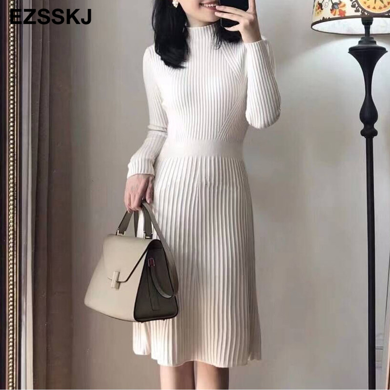 Elegant Ol Turtleneck Slim Long Sweater Dress Women Thick Knit