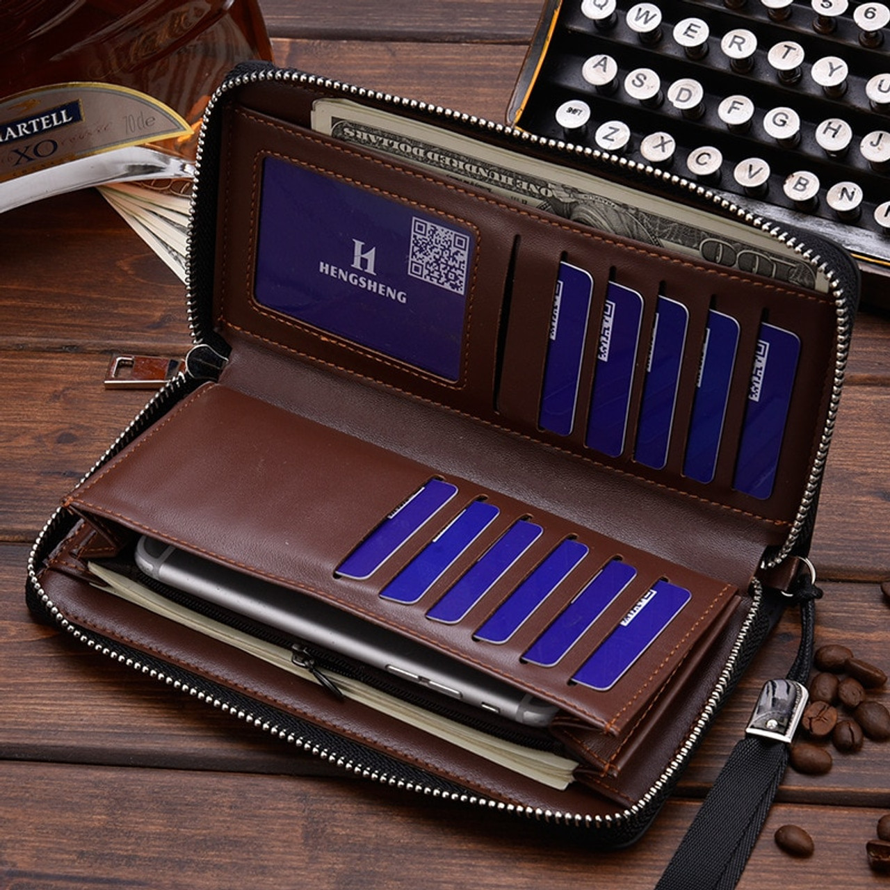 Amazon.com: Genuine Leather Long Zipper Wallet for Men, Clutch Bag Handbag  Phone Purse Credit Card Holder Money Clip (Coffee) : Clothing, Shoes &  Jewelry