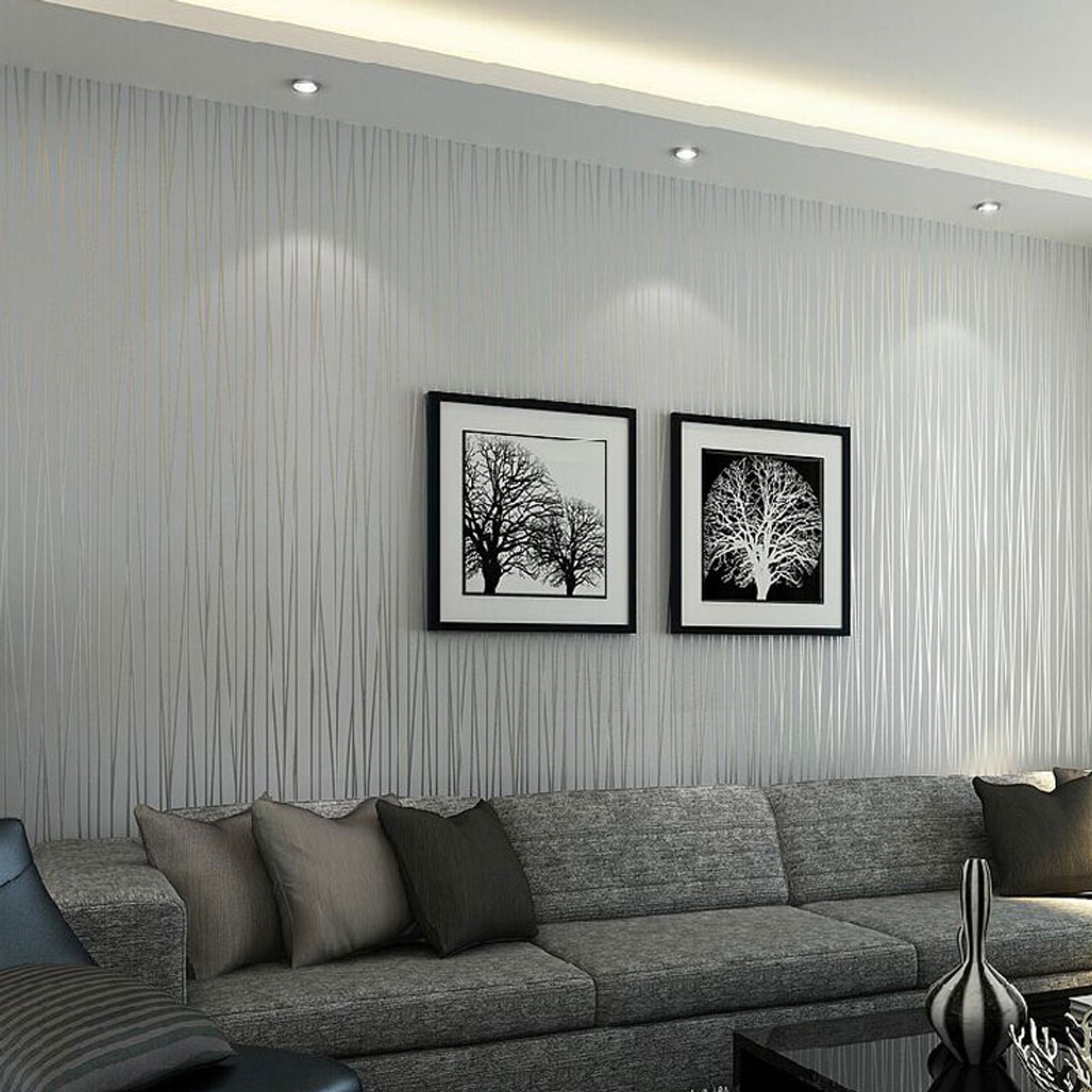 grey striped wallpaper bedroom