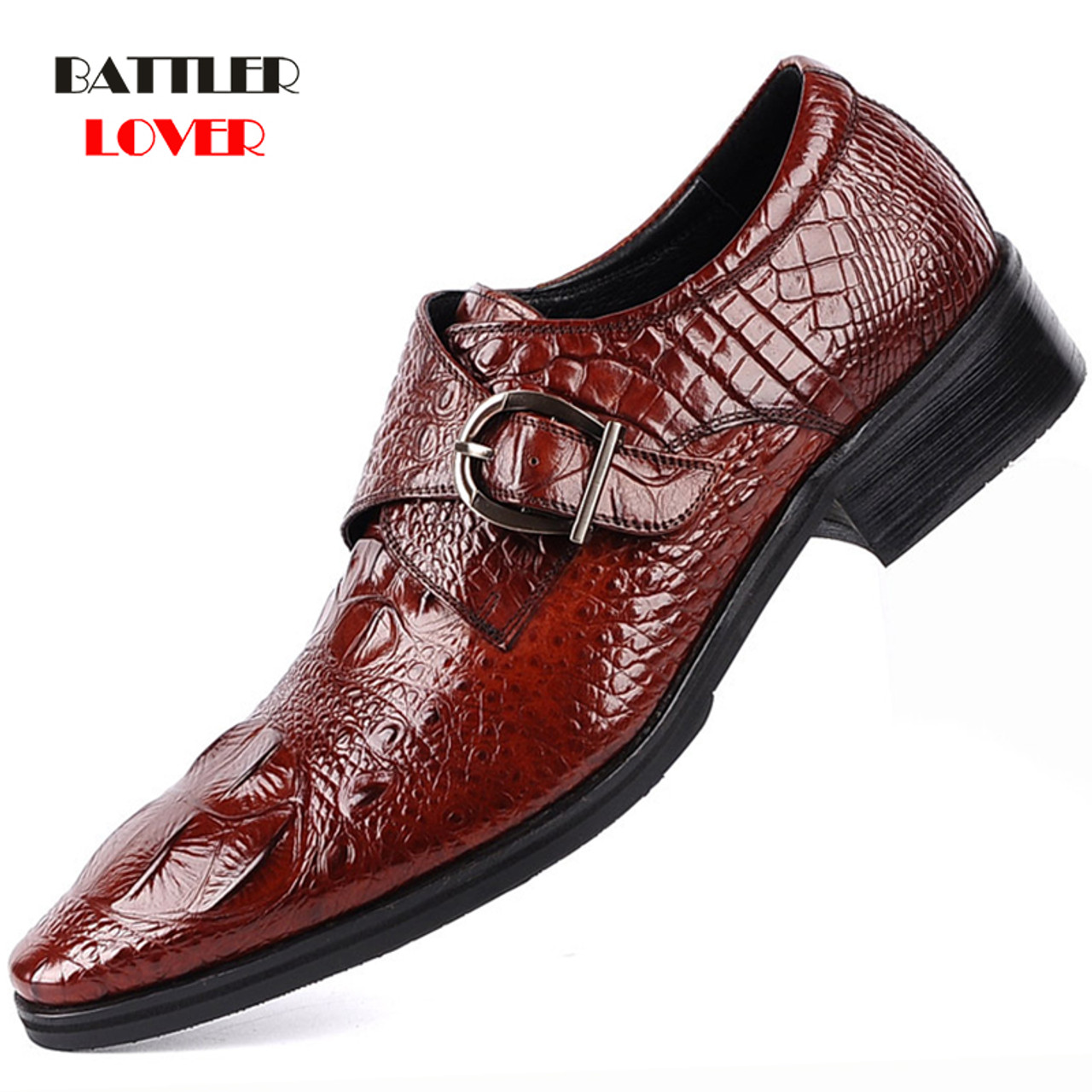 England Fashion Men's Square Toe Retro Crocodile Leather Shoes