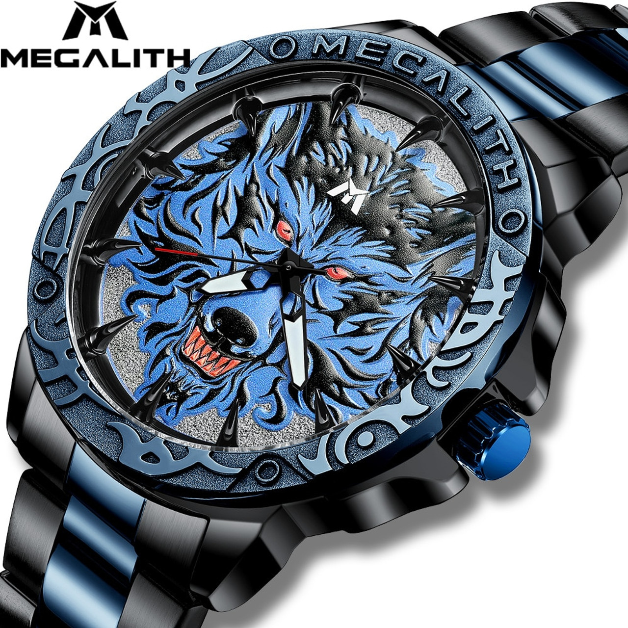 MEGALITH Watch Men 2020 Fashion Wolf Head Embossed Wrist Watch Men Sport Waterproof Stainless Steel Clock 83562.1582537920