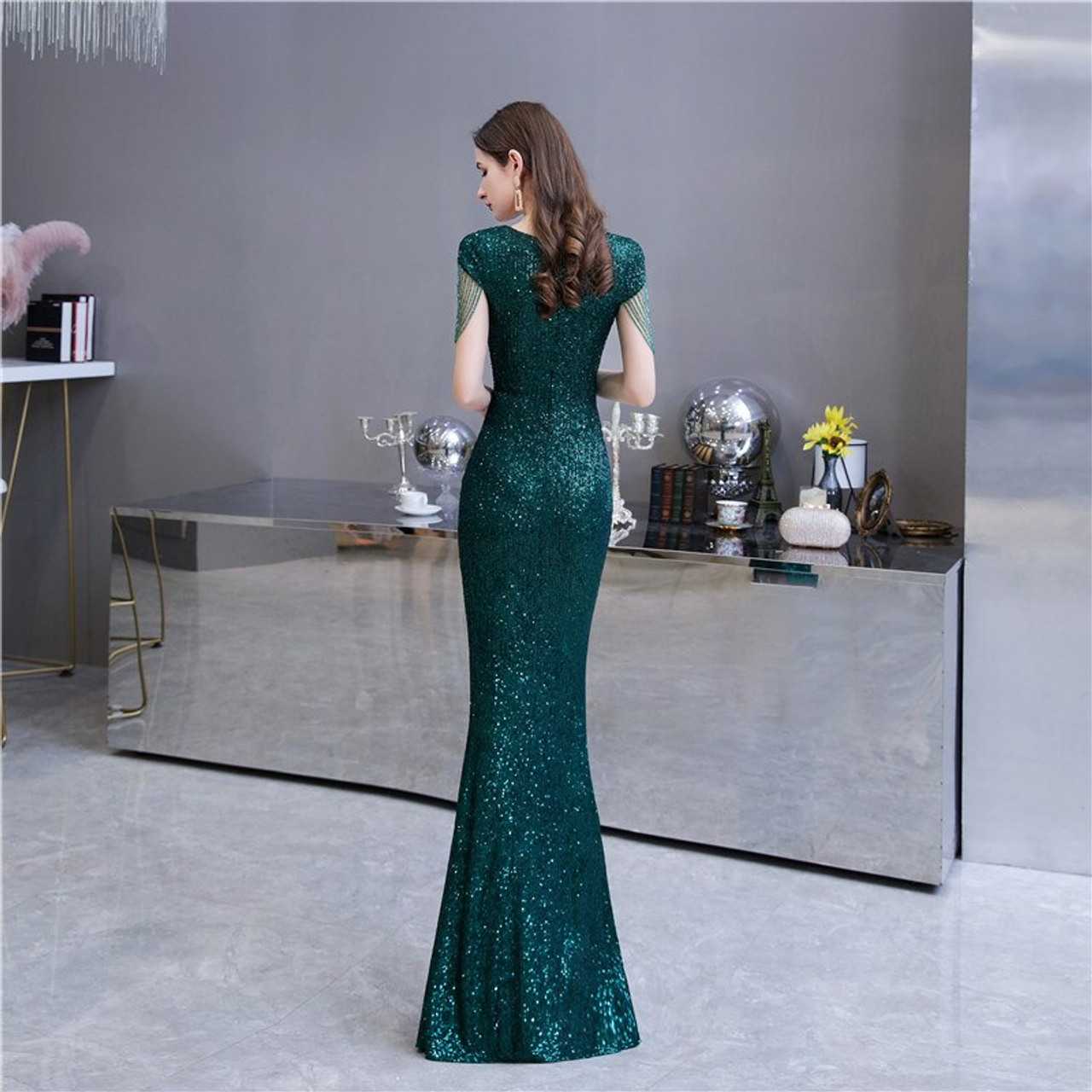 Green V Neck Velvet Long Prom Dress, Mermaid Evening Dress – shopluu