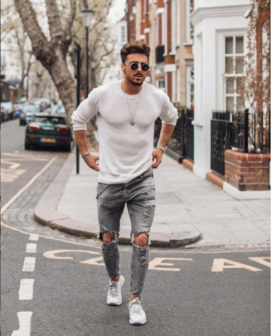 Denim Blue Ripped Jeans Men's Clothing Draped Slim Fit Holes Zipper Pencil  Pants Homes Pantaloons Denim for Men 2021 - OnshopDeals.Com