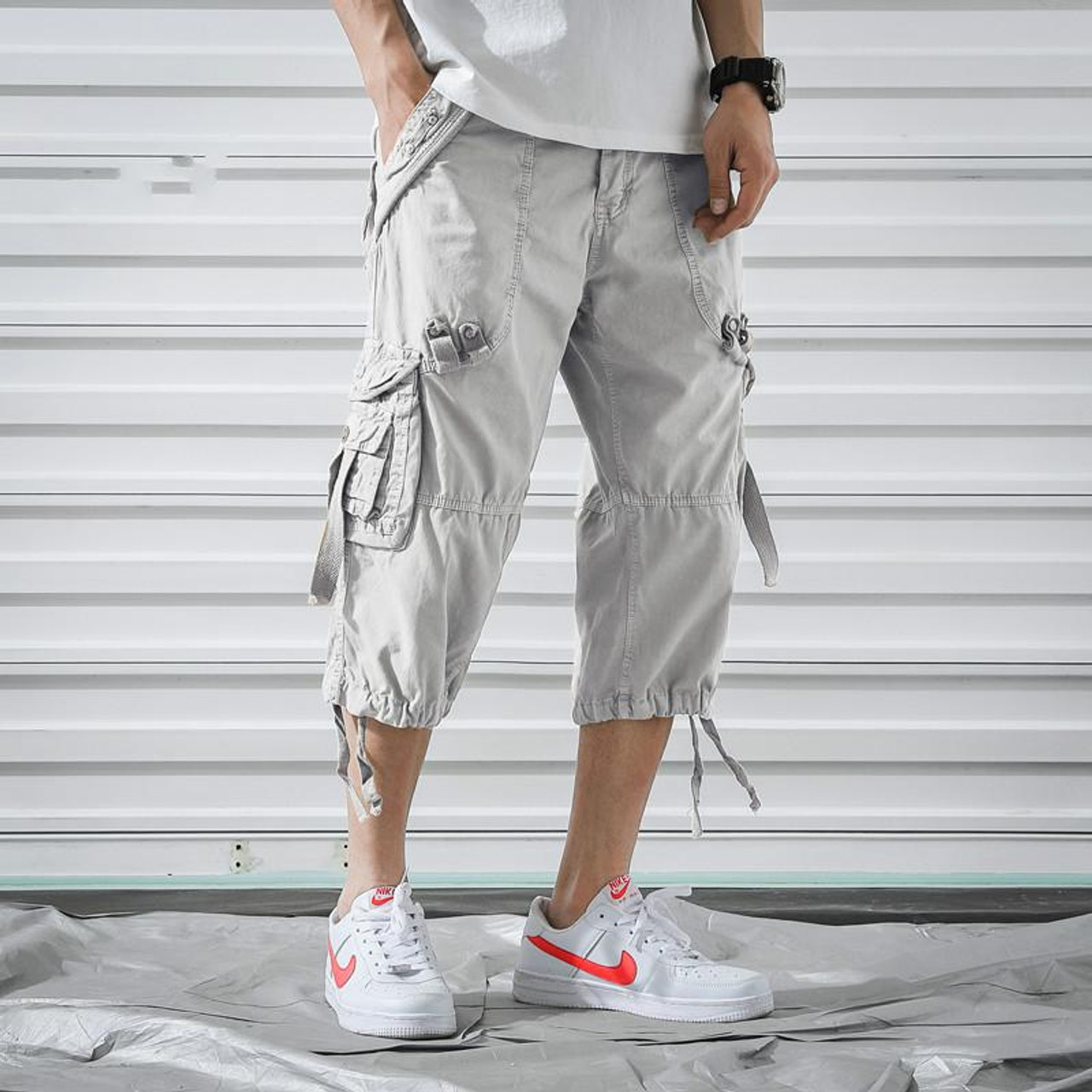 Men Cropped Pants Solid Color Thin Loose Type Mid-calf Length Stretchy  Waist Men Cargo Trousers Loose Men's Clothing Streetwear - AliExpress