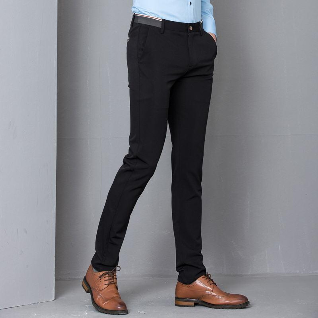 Pants With Cuff Dark Blue Men Slim Fit Business Pants With Side Adjusters