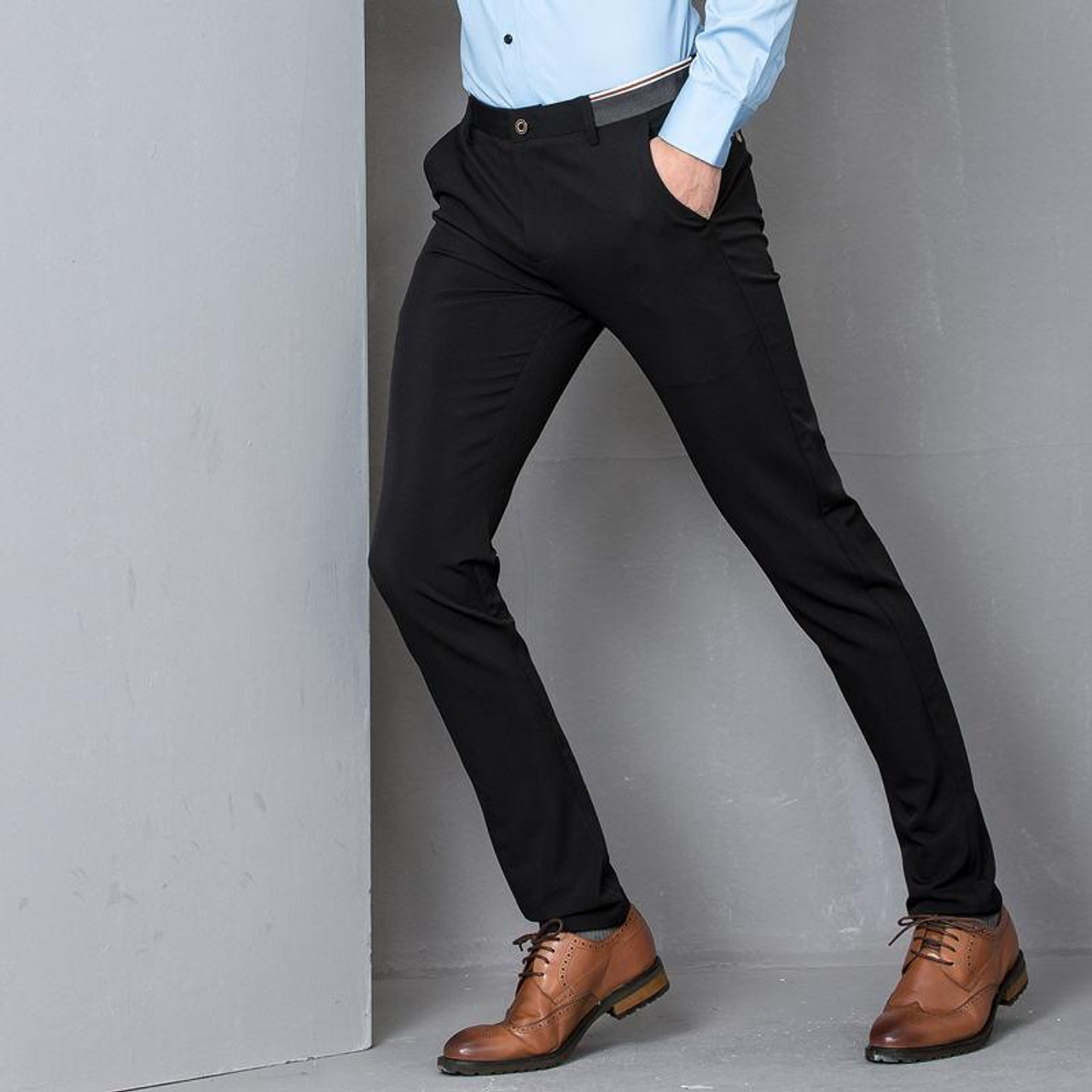 Men's Casual High Stretch Thick Pencil Pants New Solid Color Slim Fit  Business Formal Office For