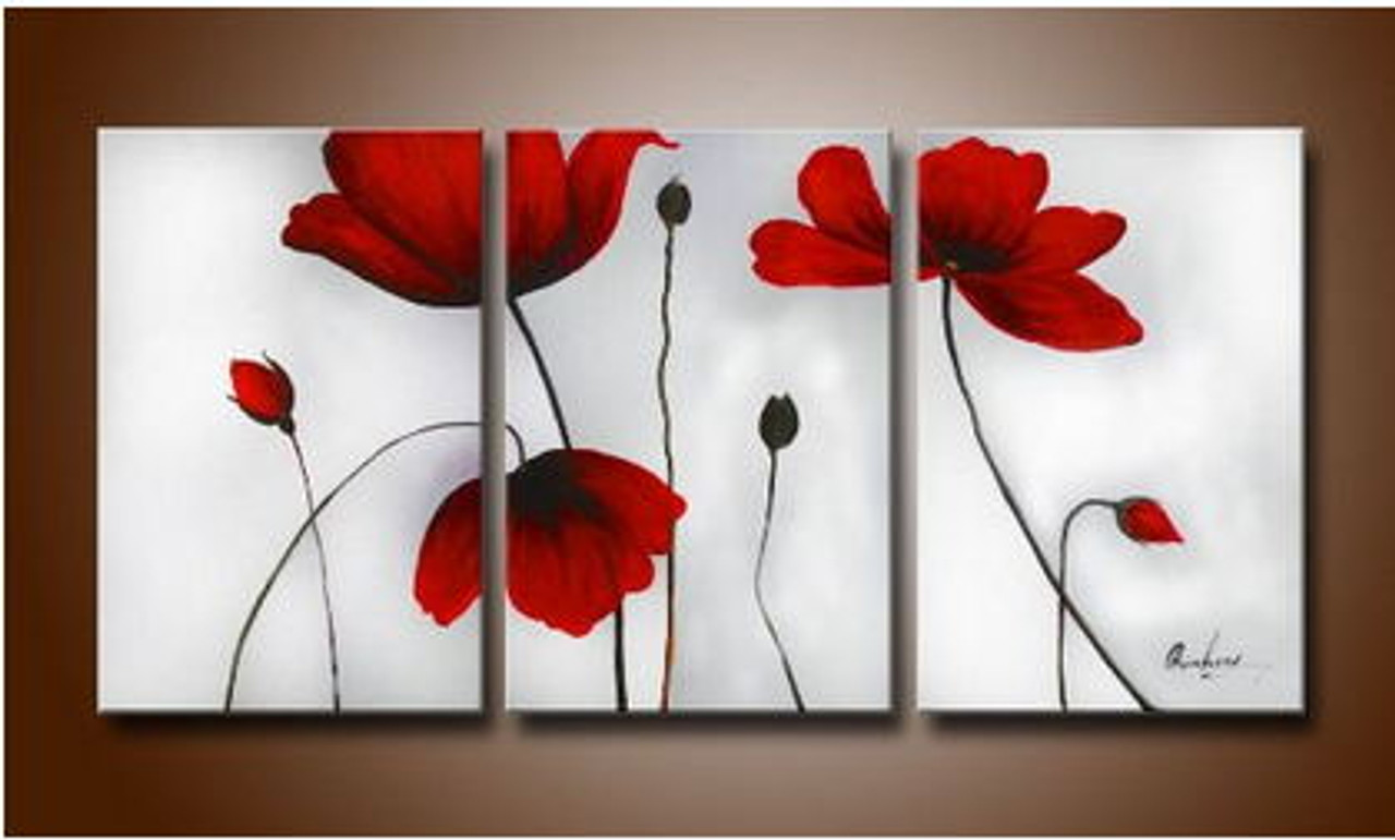 Free Shipping 3 Pieces Fresh Red Poppy Flowers Oil Painting Canvas