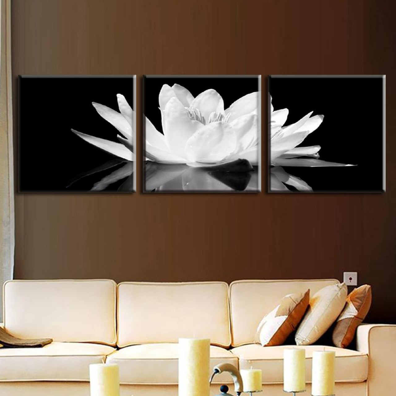3 Pcs Set Canvas Print Flower White Lotus In Black Wall Art