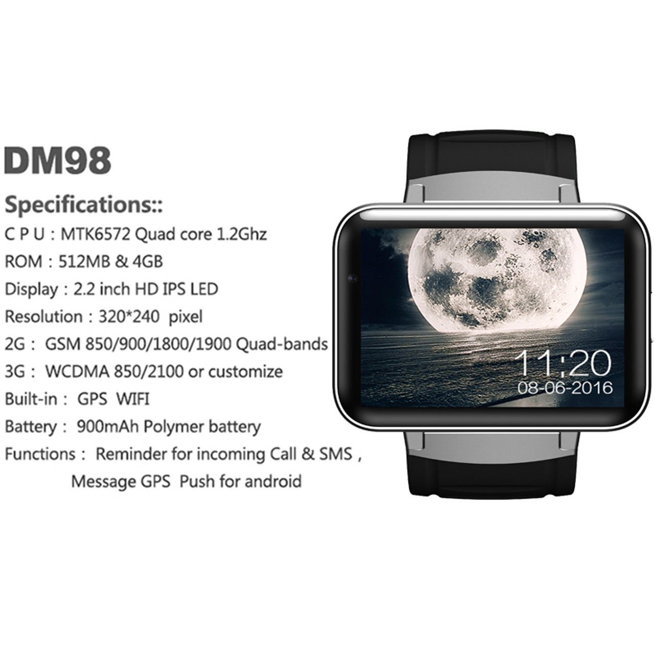 Time Owner DM98 Bluetooth Clock Smart Watch Android 4 4 OS 512MB RAM 4GB ROM Notification 70956.1623846138