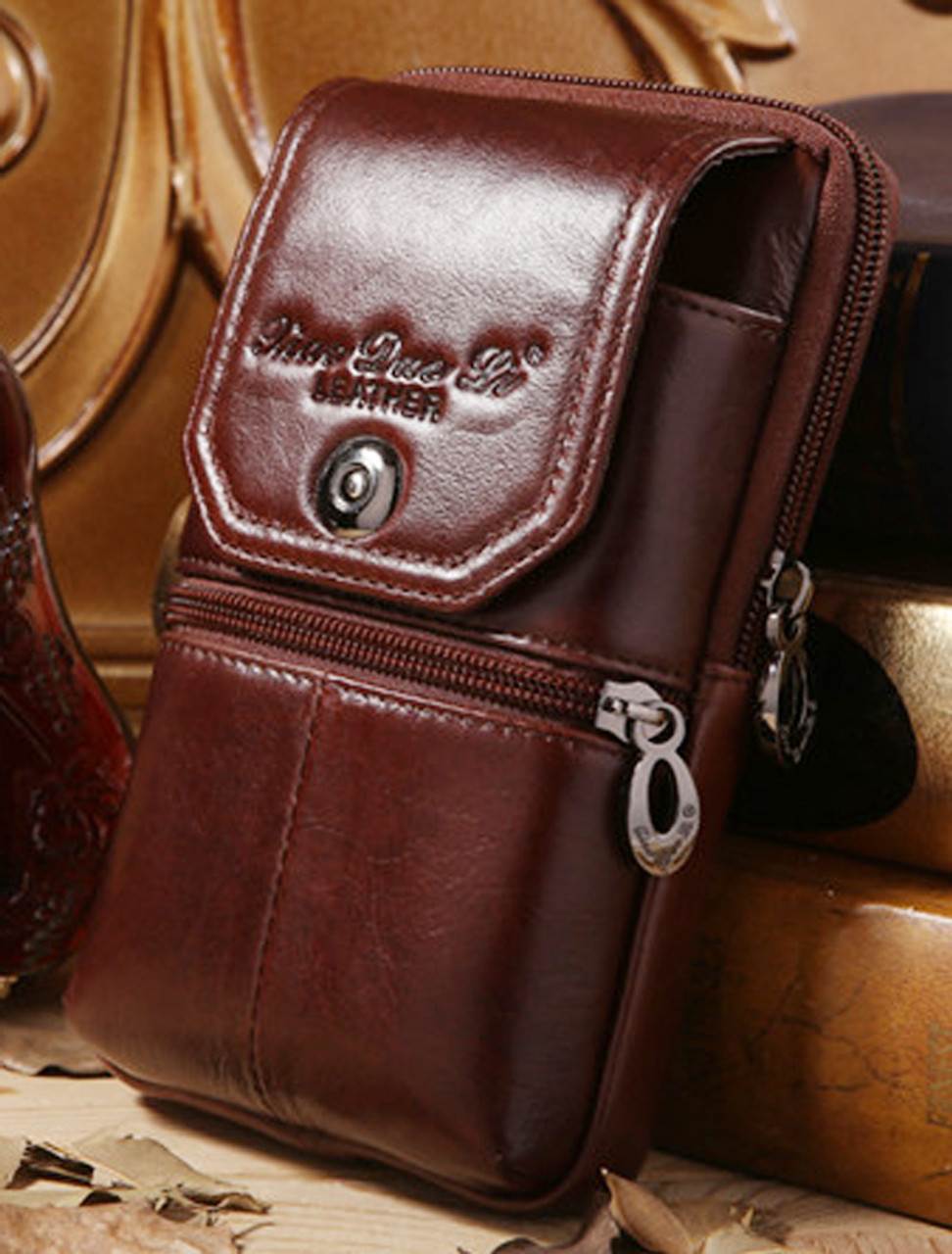 Men Genuine Leather Waist Pack Bag Double Zipper Cell Mobile Phone Case -  Walmart.com