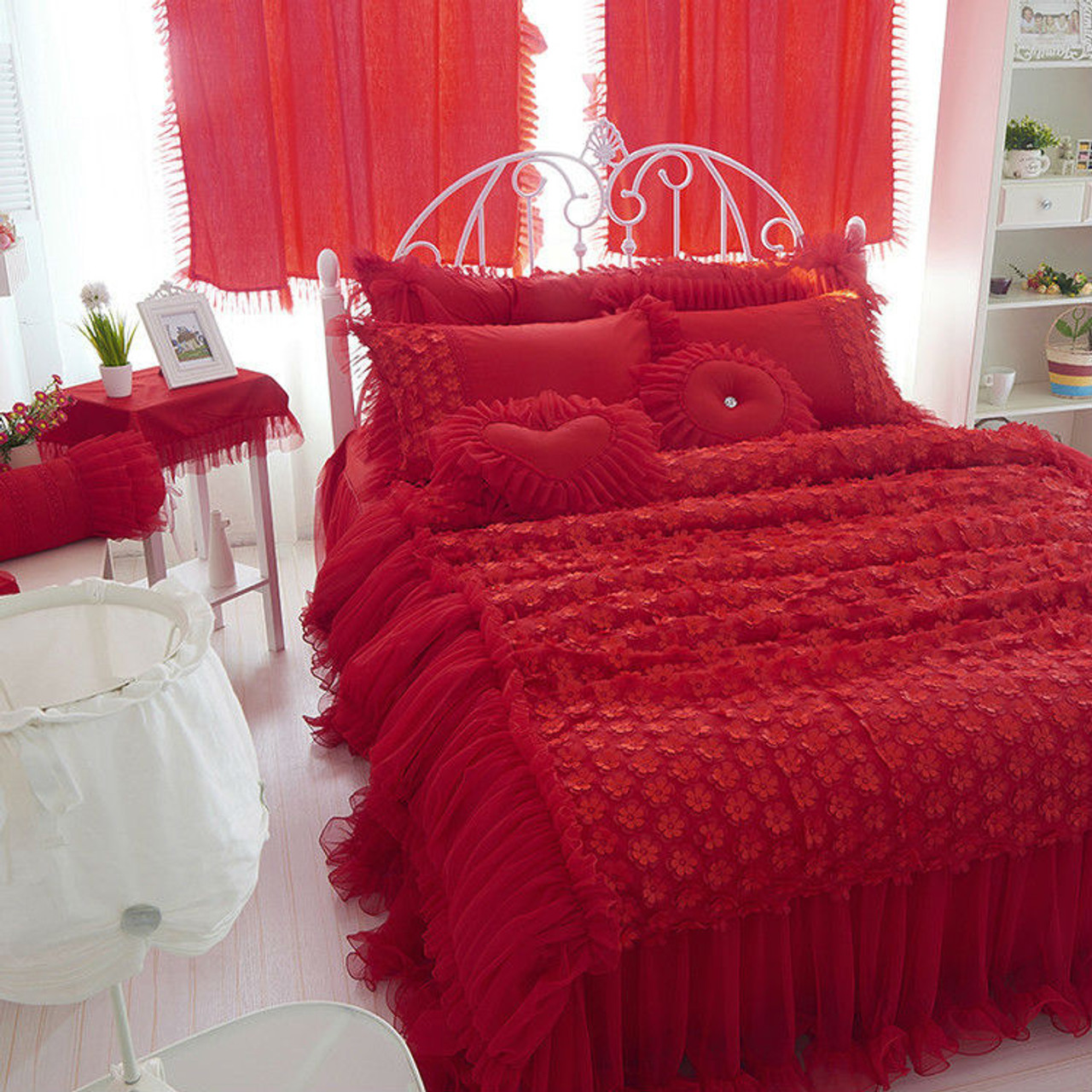 Wedding Red Color Luxury Lace Bedding Sets Twin Full Queen King