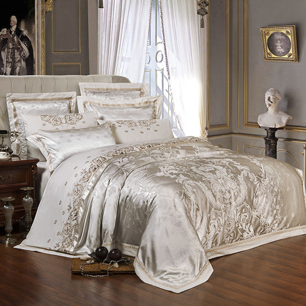 Sliver Golden Luxury Satin Jacquard Bedding Sets Embroidery Bed