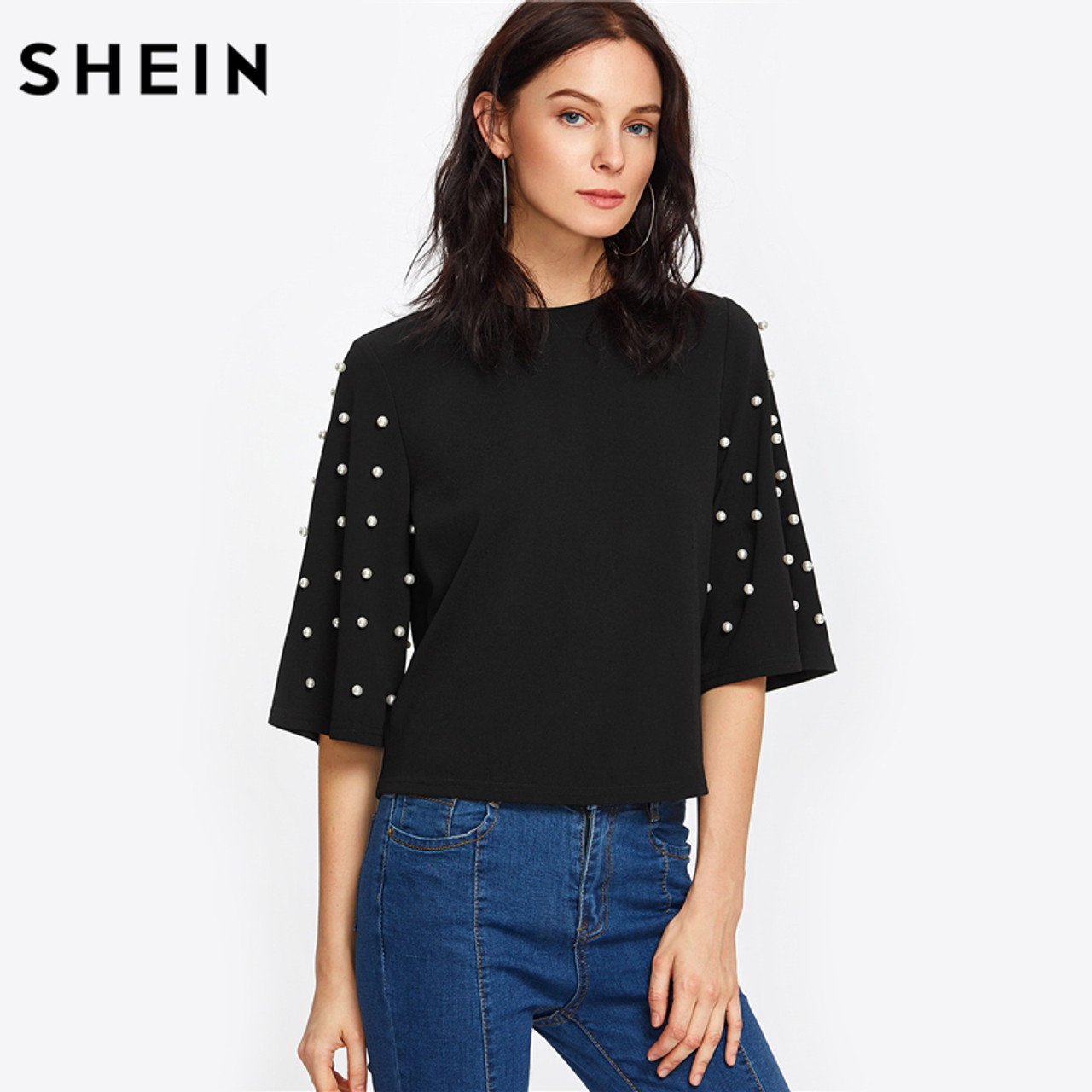 Shein Pearl Embellished Fluted Sleeve Tee Casual Women T Shirt Autumn Elegant Tops Black Half Sleeve Tee Shirt Onshopdeals Com