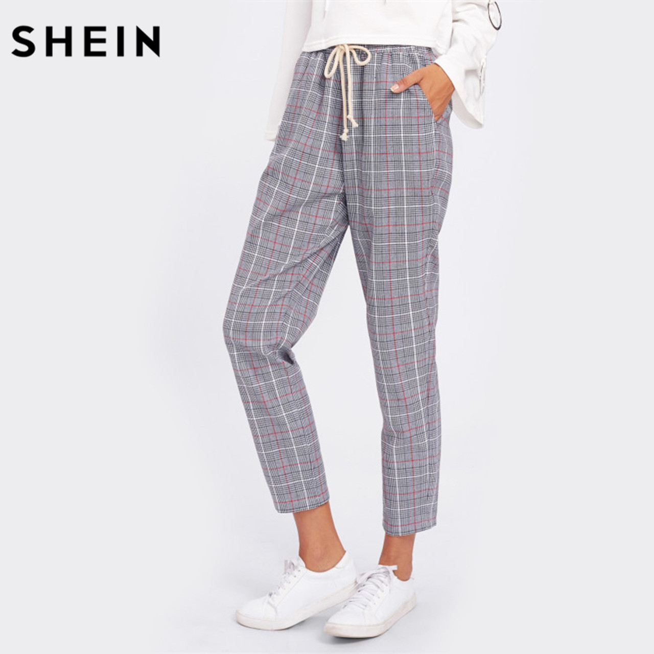 SHEIN Glen Plaid Drawstring Ankle Cut Pants – MogaShop