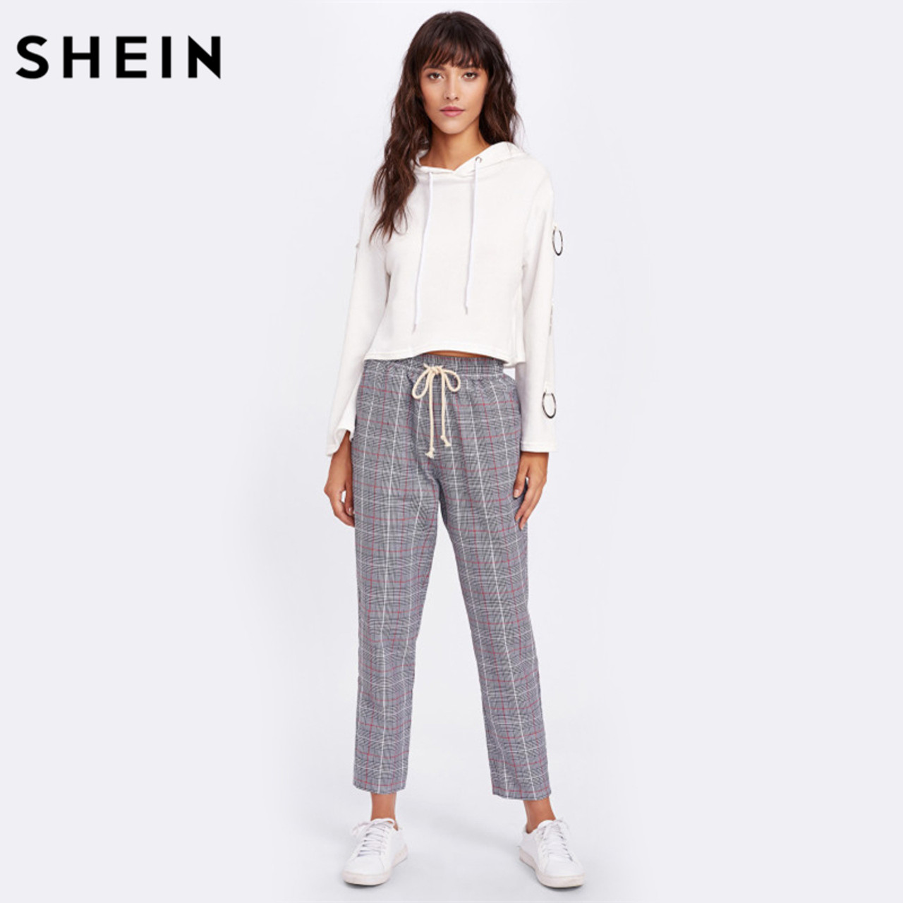 Shein M light grey high rise textured knit pleated pants trousers cuffed  hem | eBay