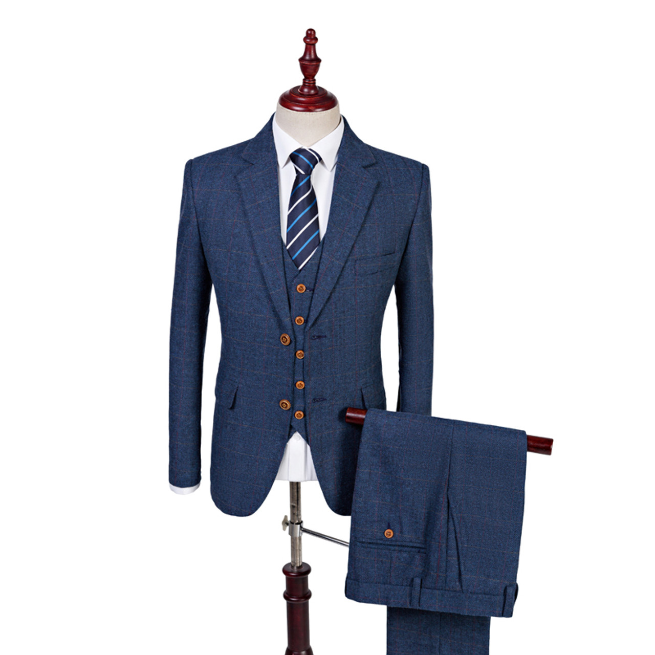 Latest Coat Pant Design Custom Made Wool Blue Herringbone Retro