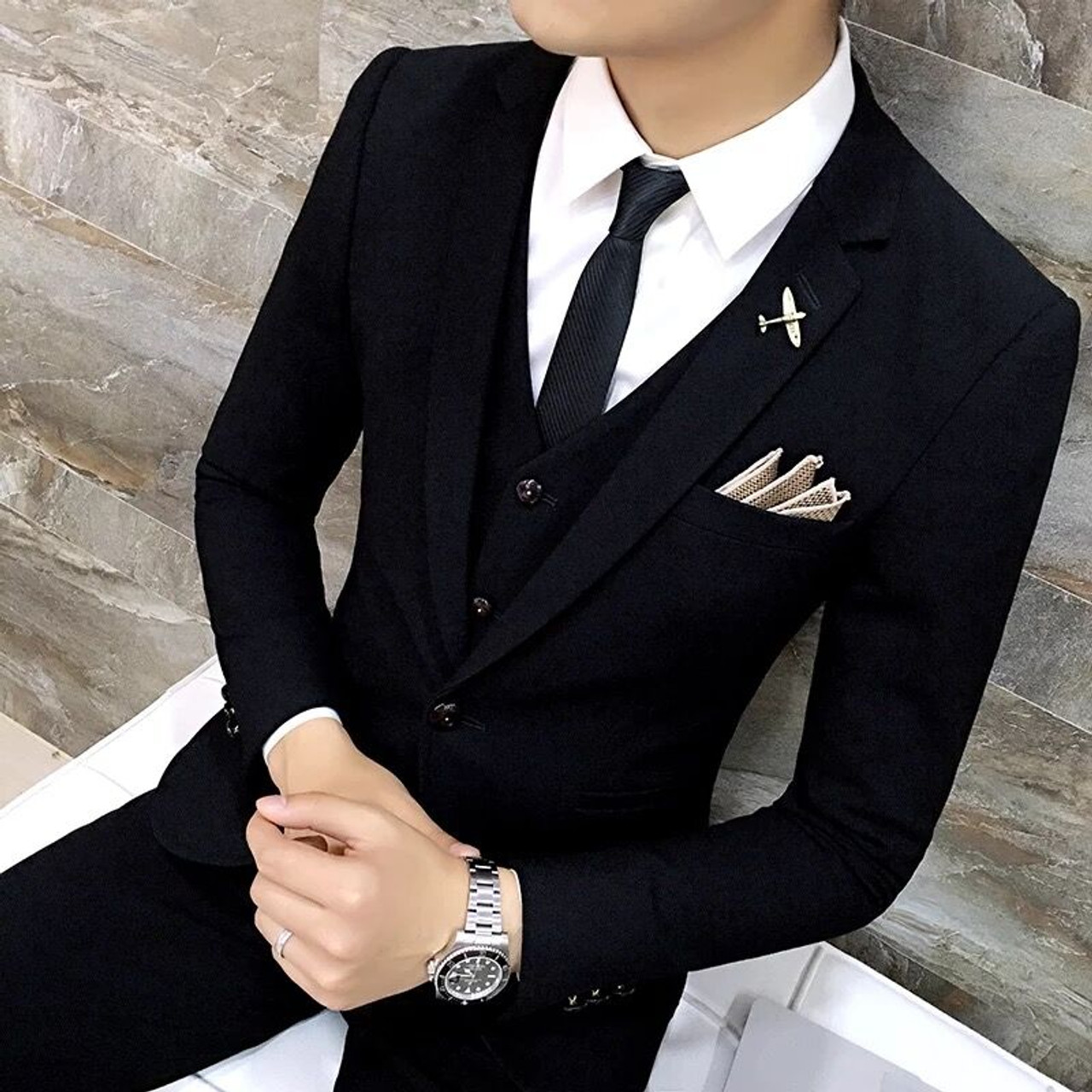 High Quality Men black gold tuxedo men suit black 3 pieces mens formal ...