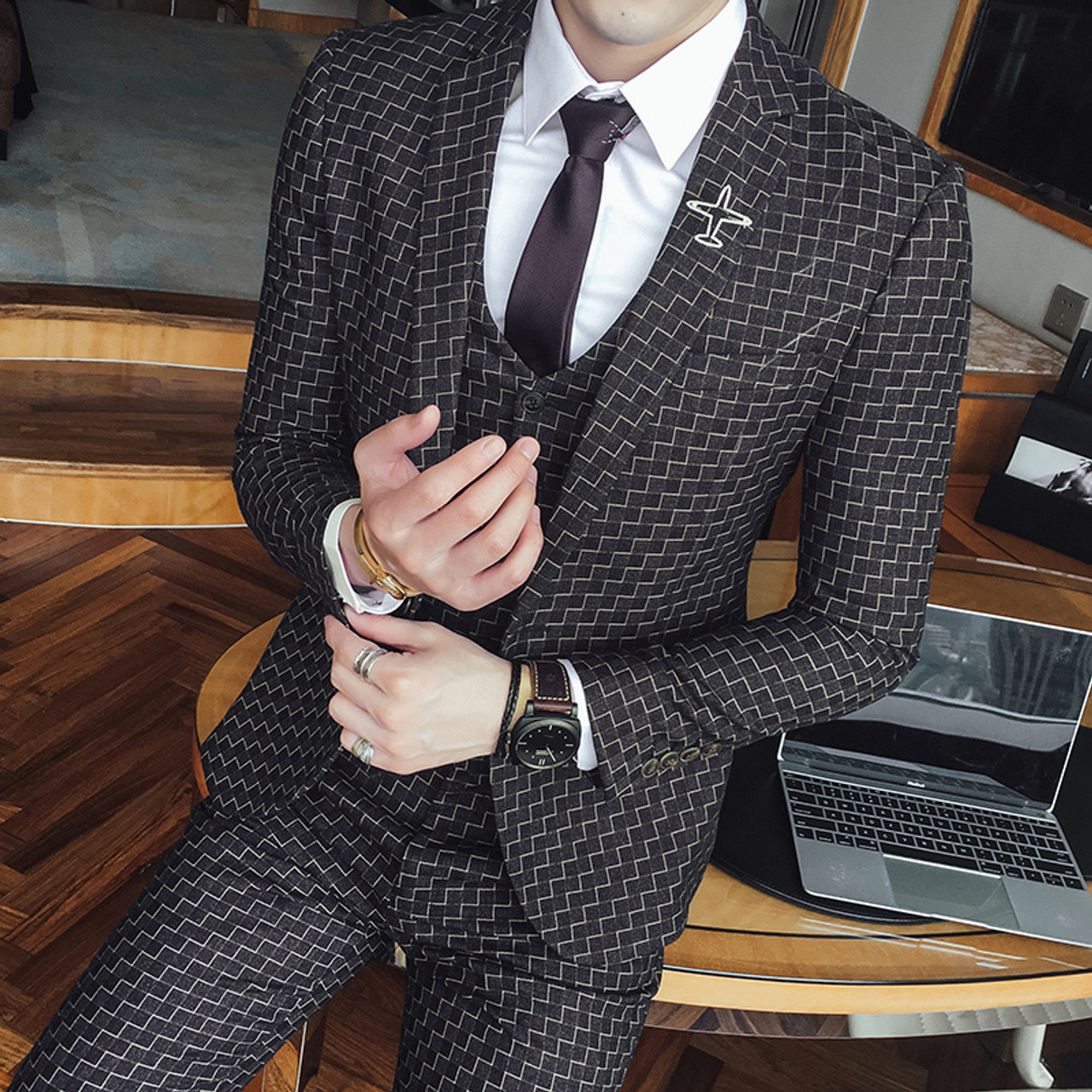 Check Suits For Men 3 Piece Wedding Suits For Men Costume Slim Fit Suit