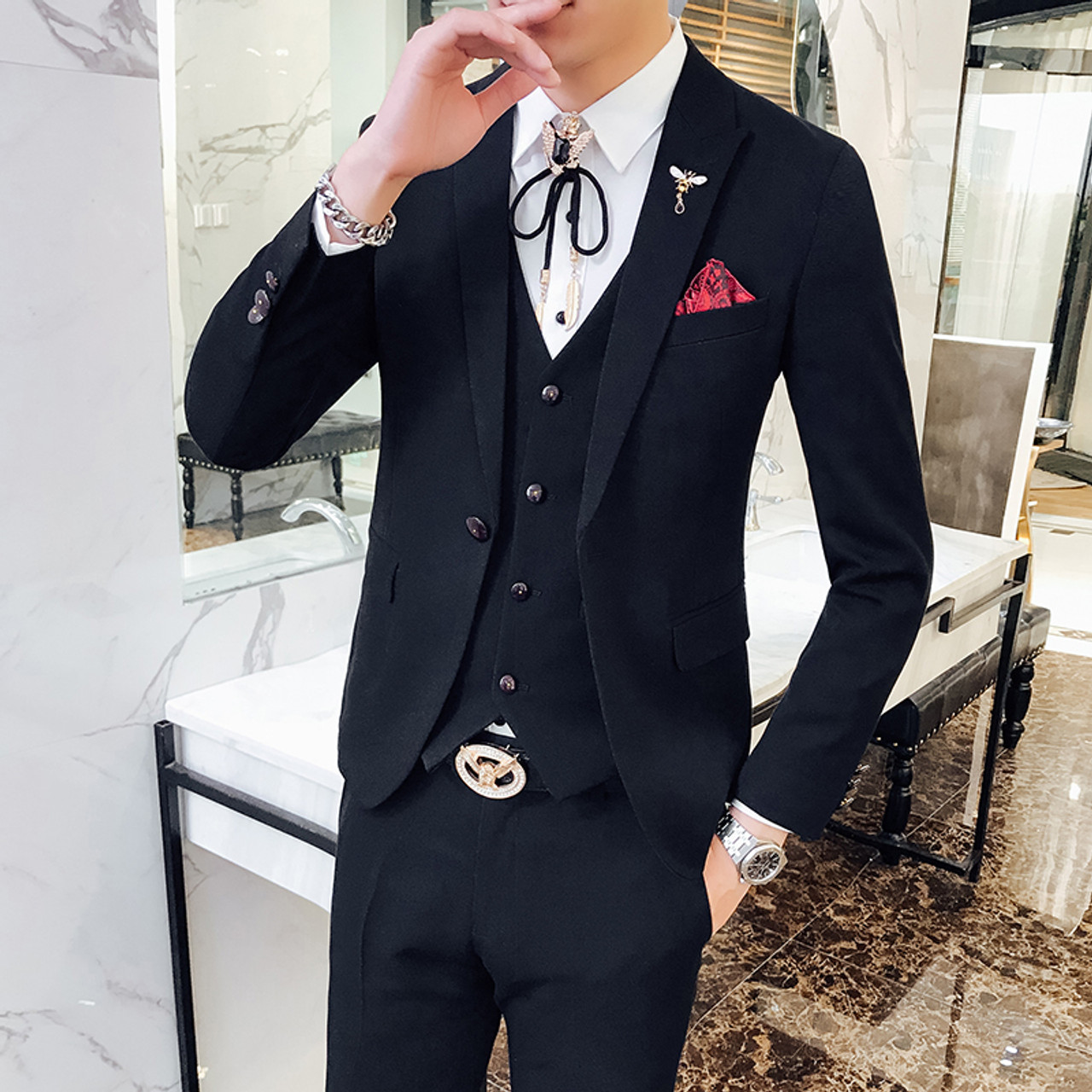 Red Prom Suit 2018 New Evening Man Dress Wedding Suit Male Black