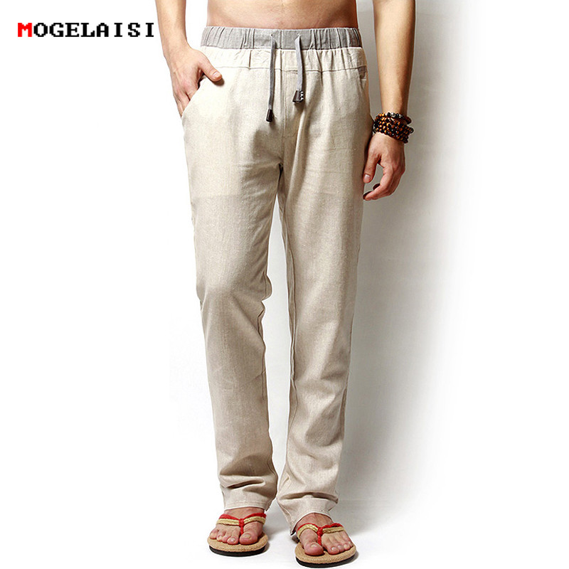 Men Pants Linen Drawstring Flax Pants 