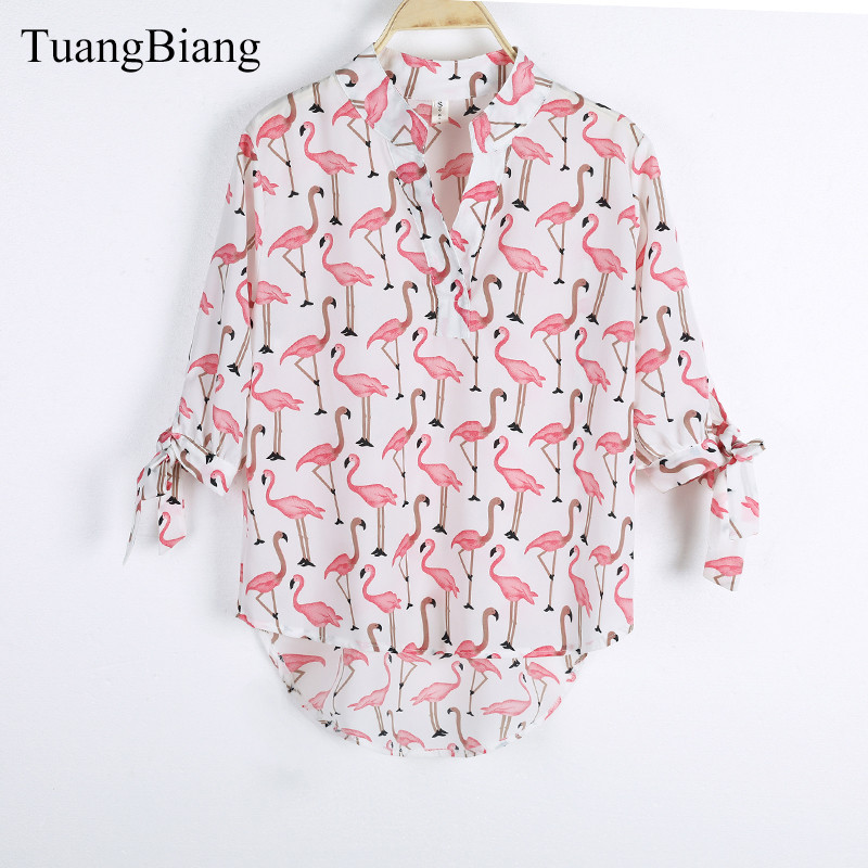 Bow Sleeve Flamingo Print Shirt Female 