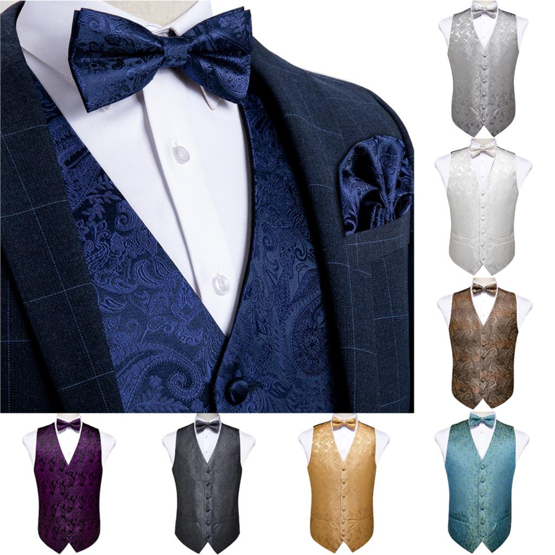 Men's Vest Navy Blue Paisley Silk Wedding Vest For Men Bowtie Hanky ...