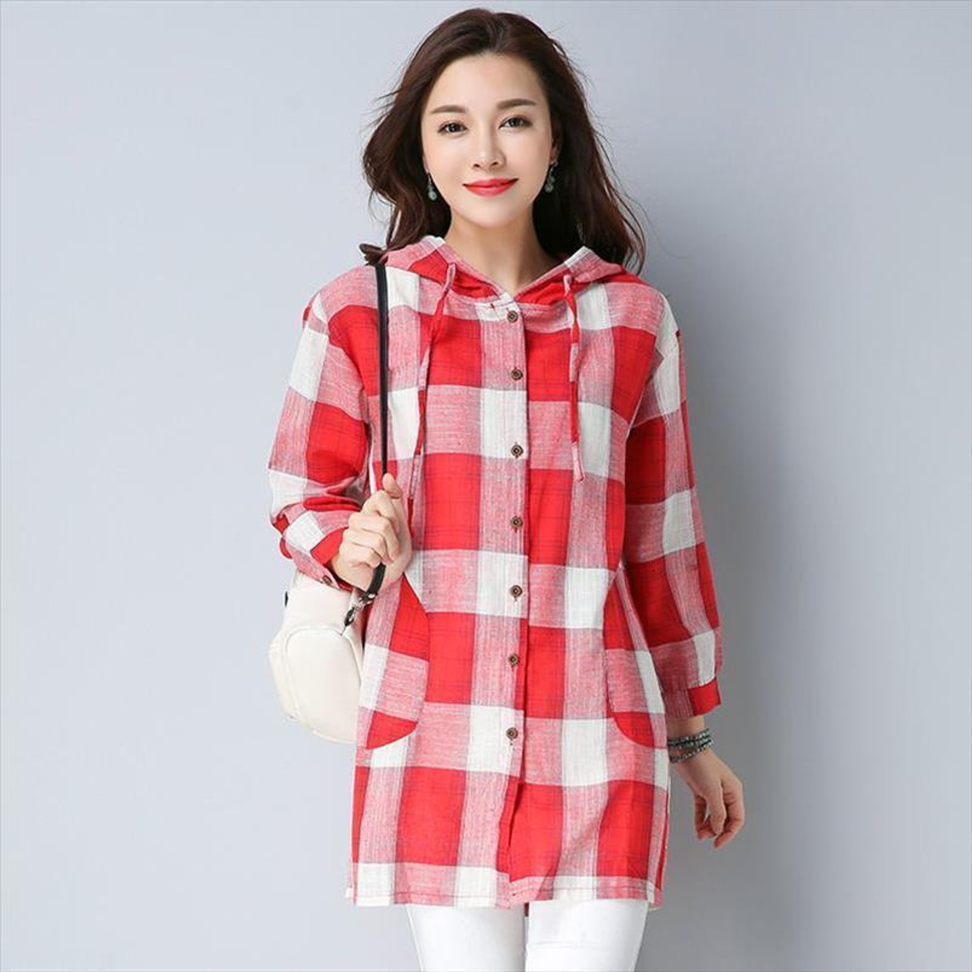 Women's Blouses 2935 Plaid Hooded Shirt Women Long Sleeve Casual Cotton ...