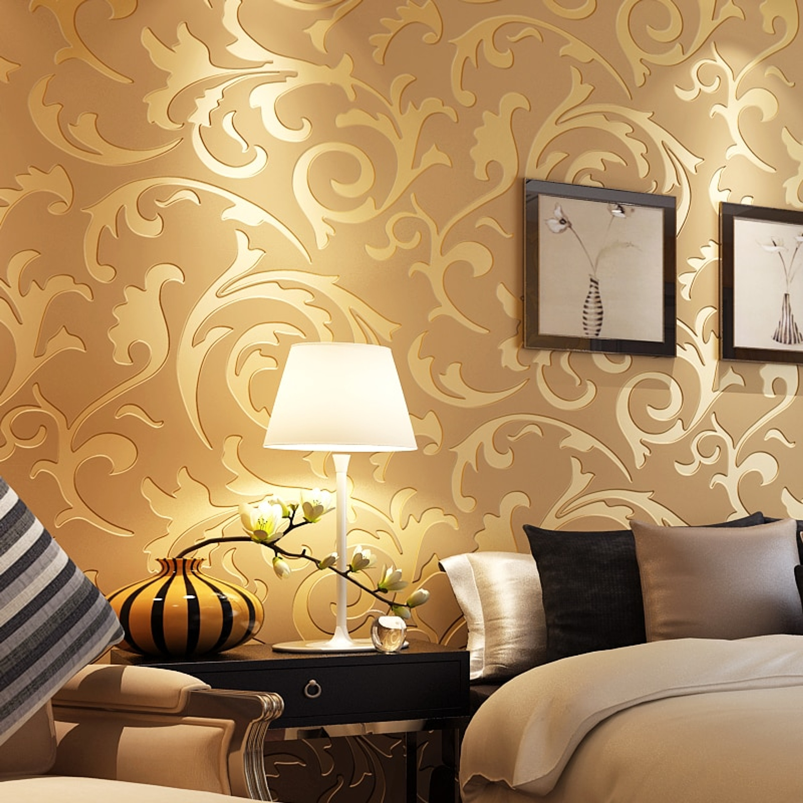 Golden 3D Embossed Wallpaper For Home Roll Luxury Classic Silver Floral